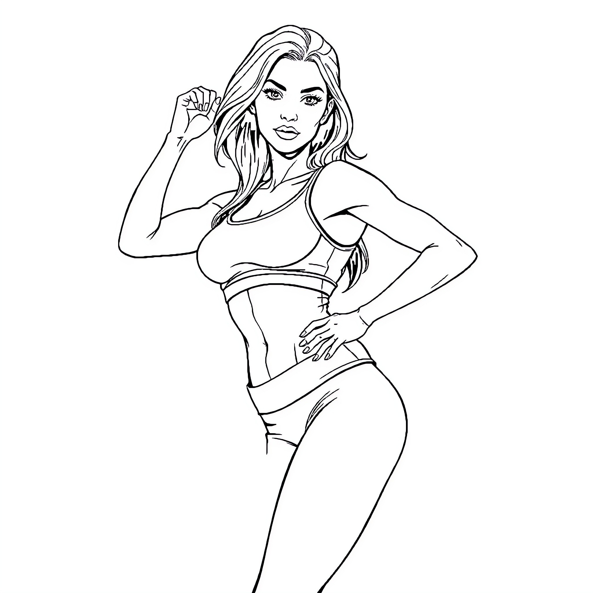 Female exercising with confident pose Coloring Page (free black-and-white line drawing printable PDF for all, from beginners to advanced learners, including children, teens, adults, and seniors)