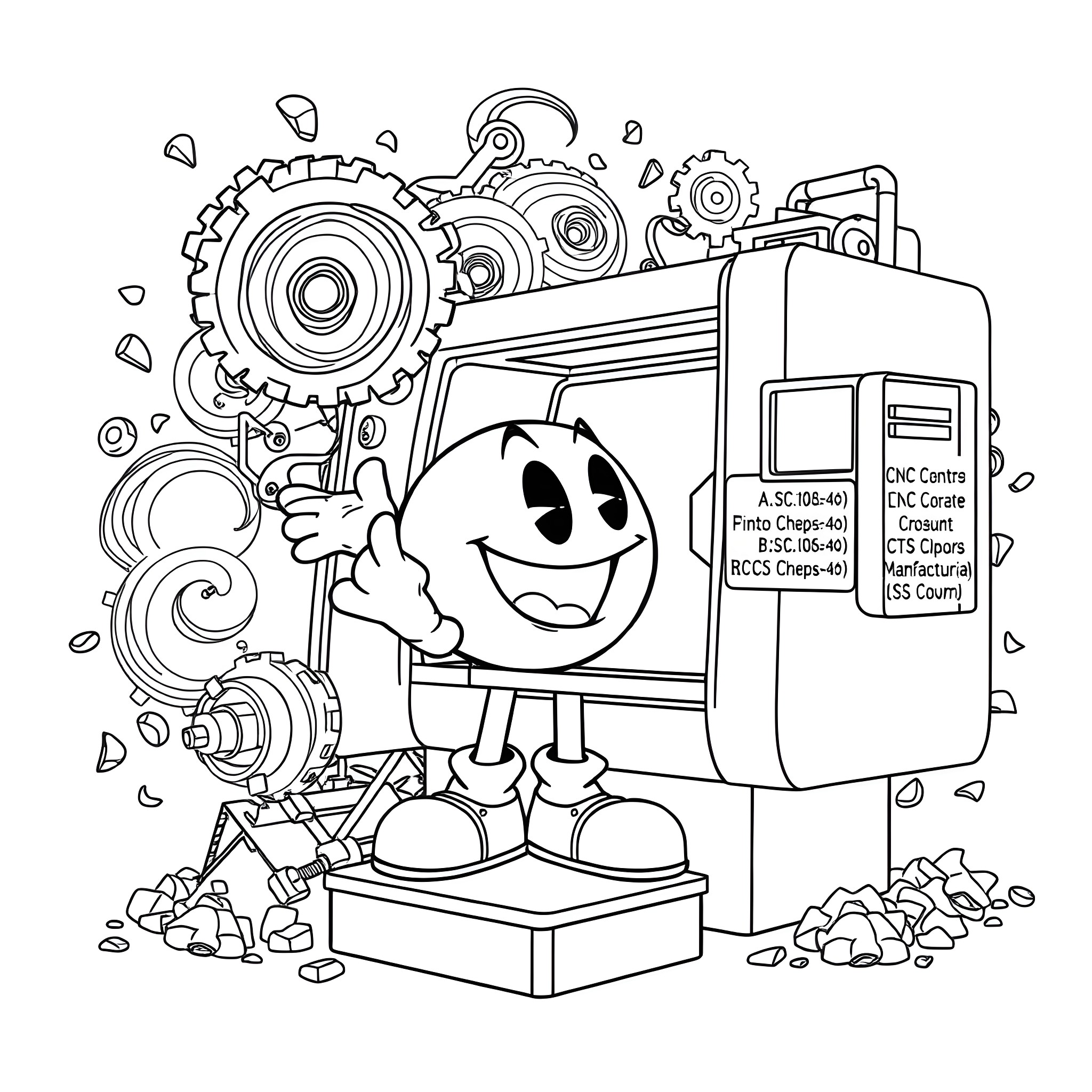 Pacman exploring mechanical parts and machinery Coloring Page (free black-and-white line drawing printable PDF for all, from beginners to advanced learners, including children, teens, adults, and seniors)