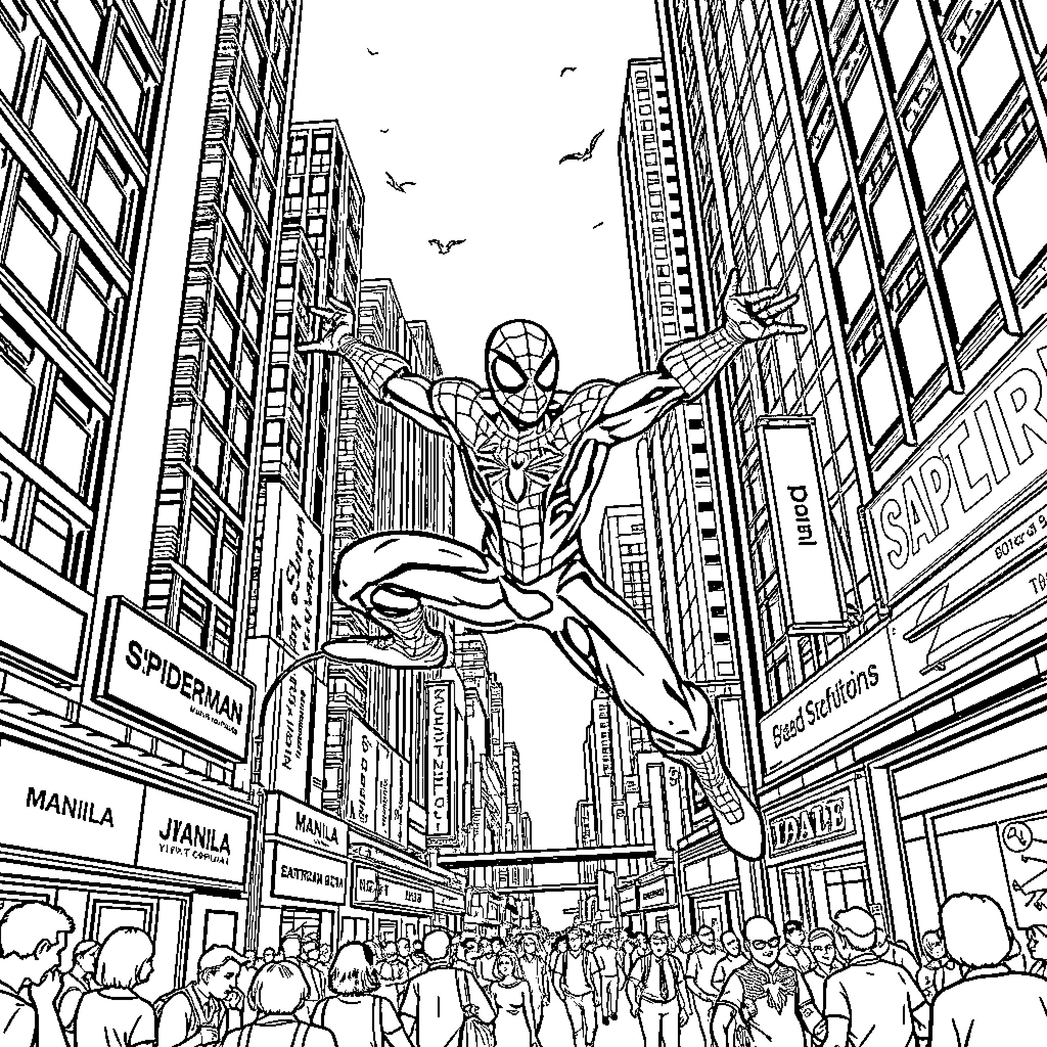 Spiderman swinging through the bustling city Coloring Page (free black-and-white line drawing printable PDF for all, from beginners to advanced learners, including children, teens, adults, and seniors)