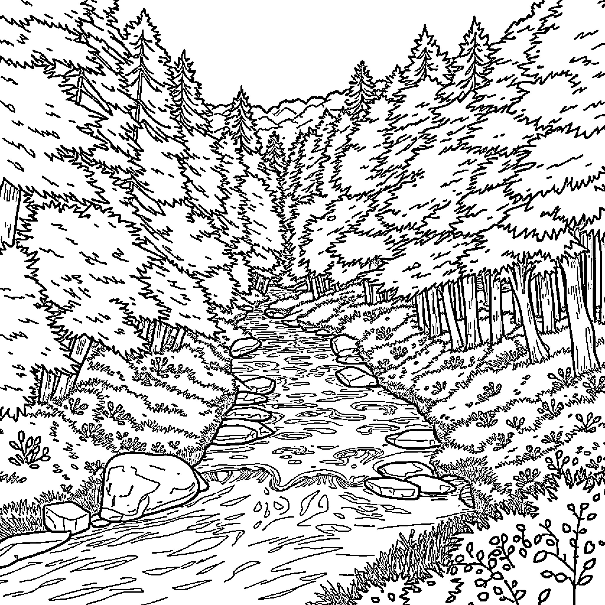 River flowing through a dense forest landscape Coloring Page (free black-and-white line drawing printable PDF for all, from beginners to advanced learners, including children, teens, adults, and seniors)