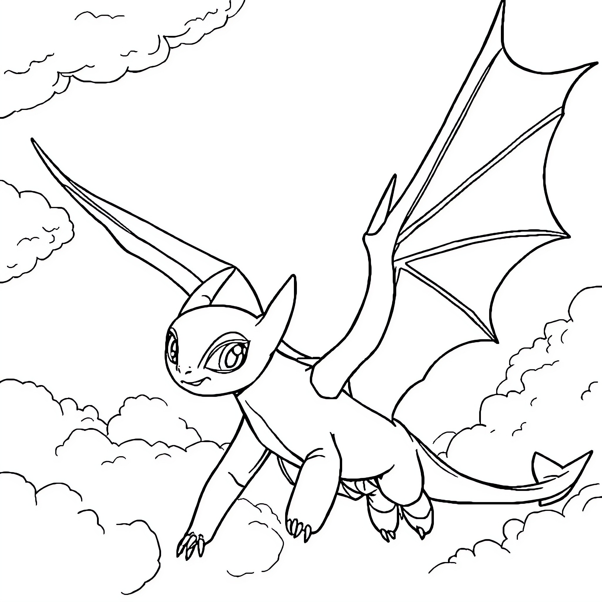 Toothless soaring through the clouds Coloring Page (free black-and-white line drawing printable PDF for all, from beginners to advanced learners, including children, teens, adults, and seniors)