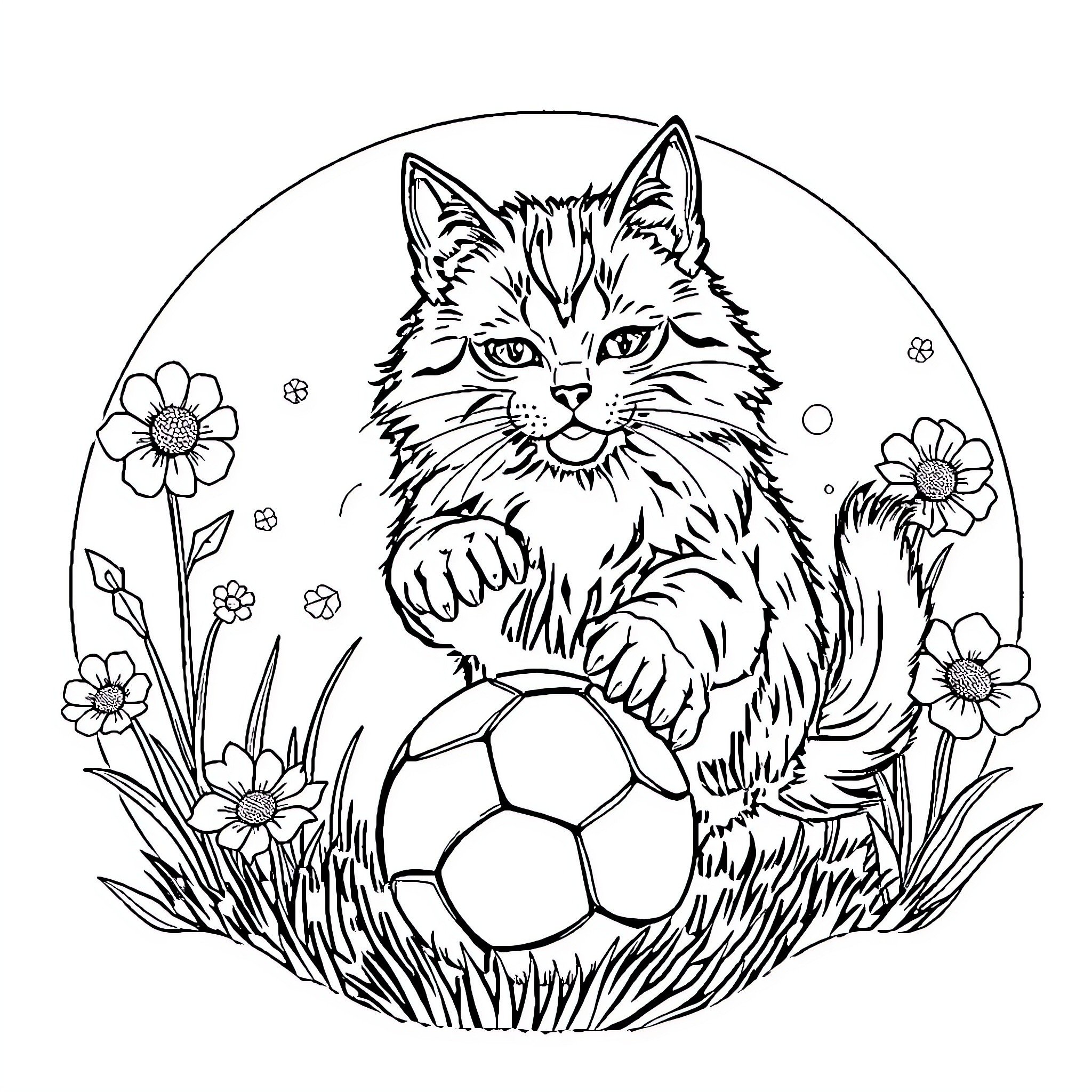 Kucing playing with soccer ball in the garden Coloring Page (free black-and-white line drawing printable PDF for all, from beginners to advanced learners, including children, teens, adults, and seniors)