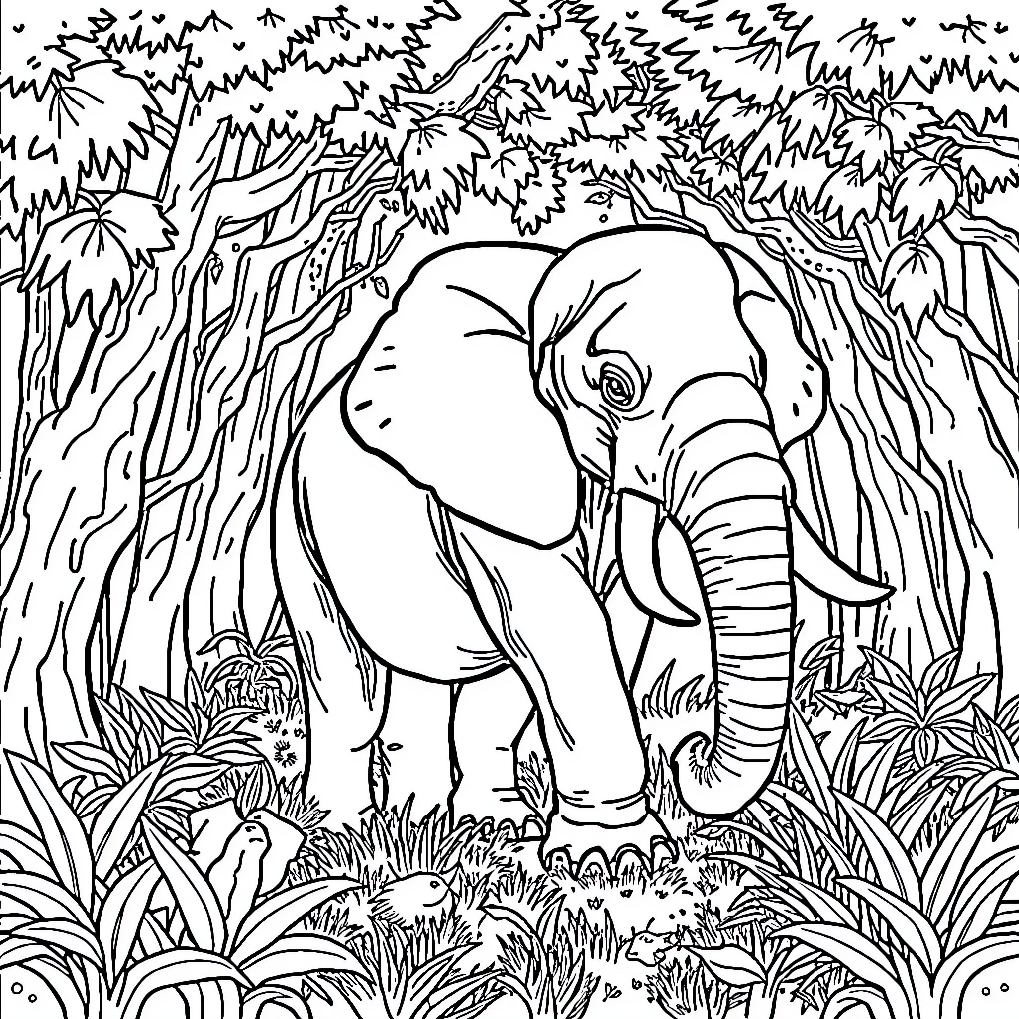 Elephant walking through lush jungle vegetation Coloring Page (free black-and-white line drawing printable PDF for all, from beginners to advanced learners, including children, teens, adults, and seniors)