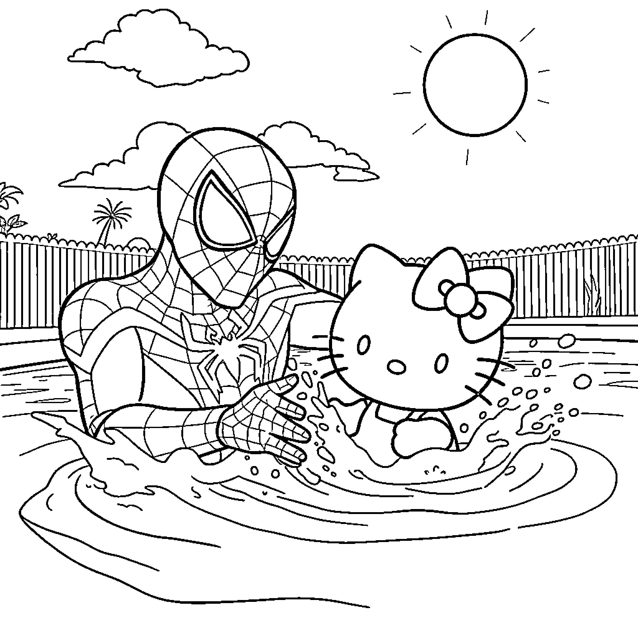 Spiderman and Hello Kitty playing in the park Coloring Page (free black-and-white line drawing printable PDF for all, from beginners to advanced learners, including children, teens, adults, and seniors)