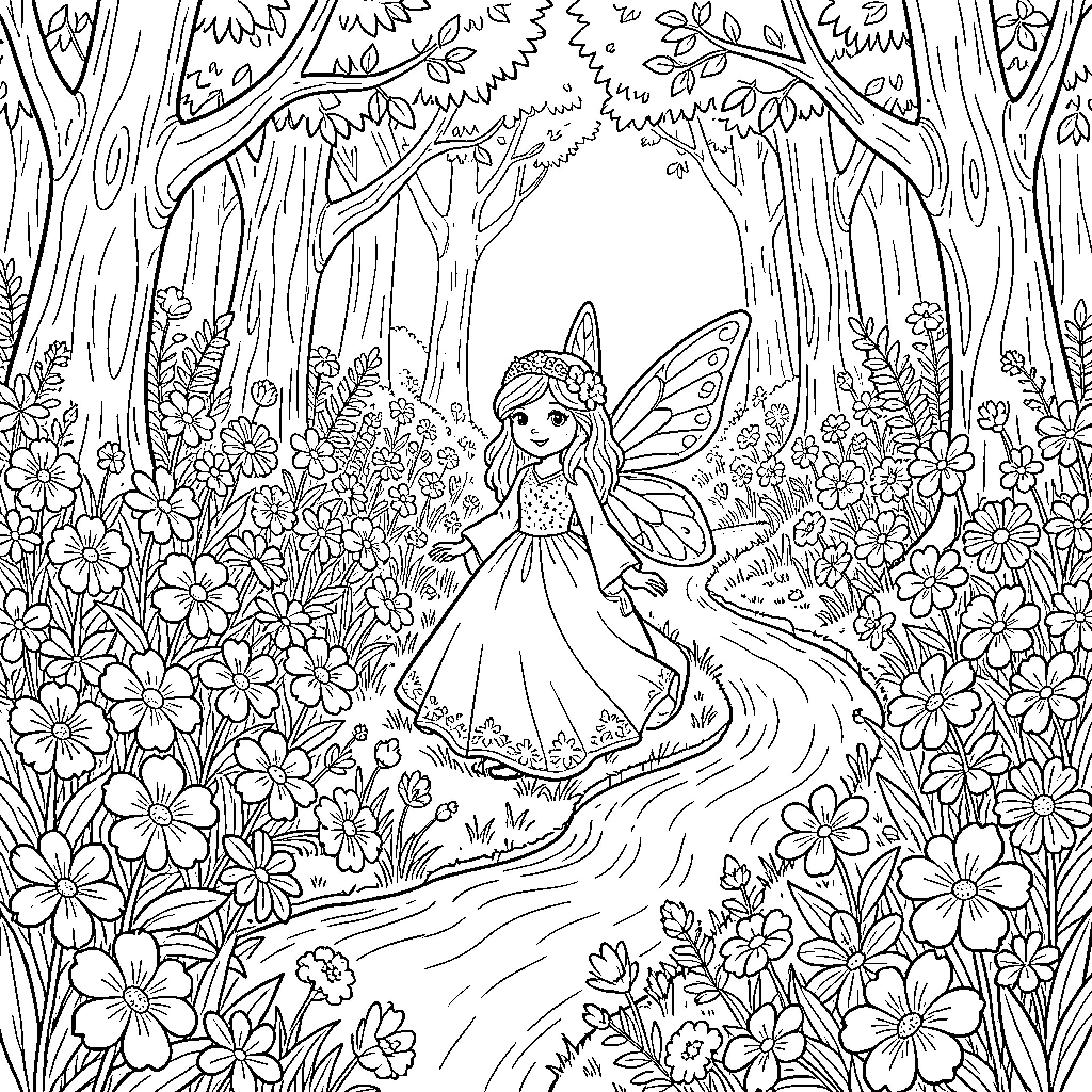 Hada Fairy Exploring the Enchanted Forest Coloring Page (free black-and-white line drawing printable PDF for all, from beginners to advanced learners, including children, teens, adults, and seniors)