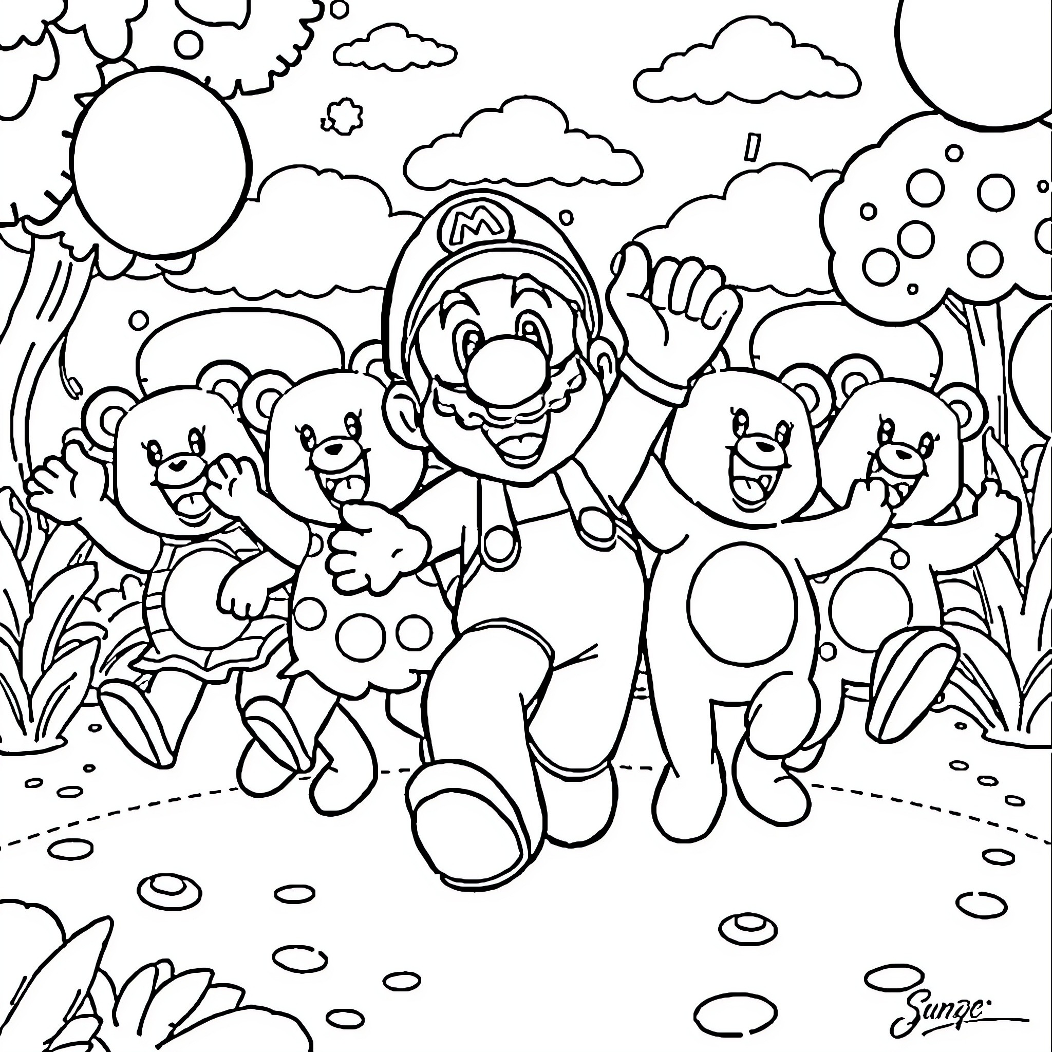 Super Mario and his friendly Toad companions in a whimsical scene Coloring Page (free black-and-white line drawing printable PDF for all, from beginners to advanced learners, including children, teens, adults, and seniors)