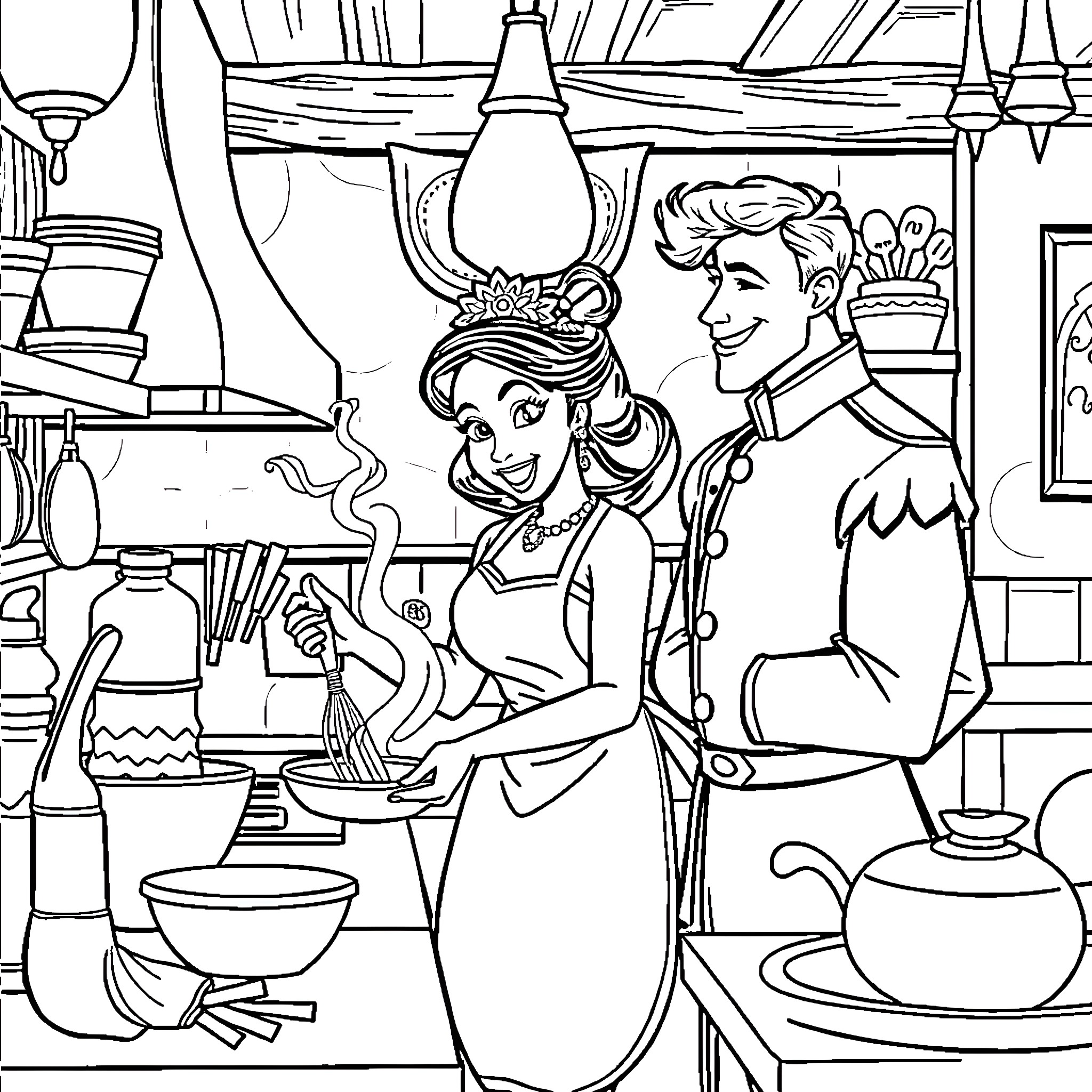 Princess baking happily with her prince in the kitchen Coloring Page (free black-and-white line drawing printable PDF for all, from beginners to advanced learners, including children, teens, adults, and seniors)