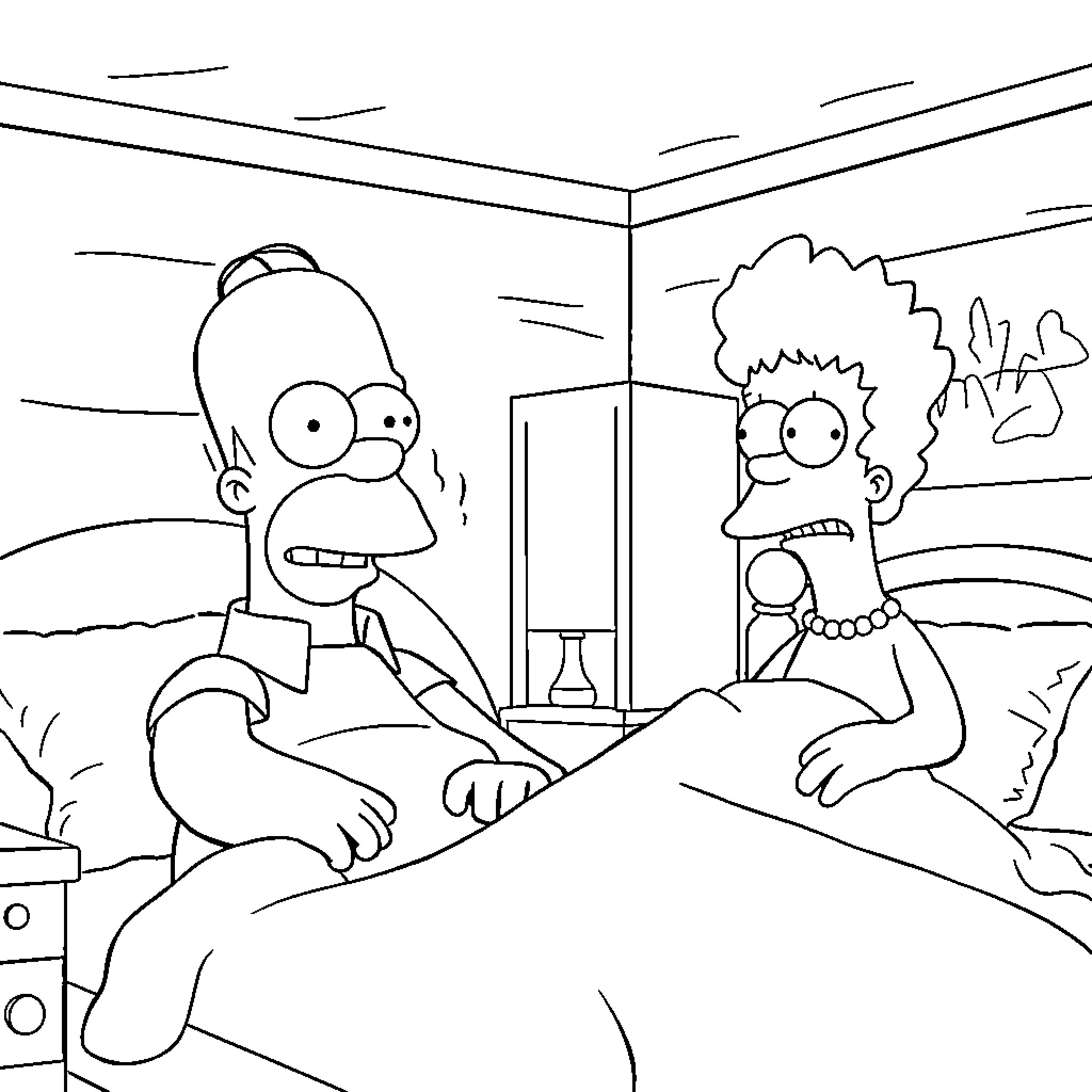 Homer Simpson spending time with his wife Marge Coloring Page (free black-and-white line drawing printable PDF for all, from beginners to advanced learners, including children, teens, adults, and seniors)