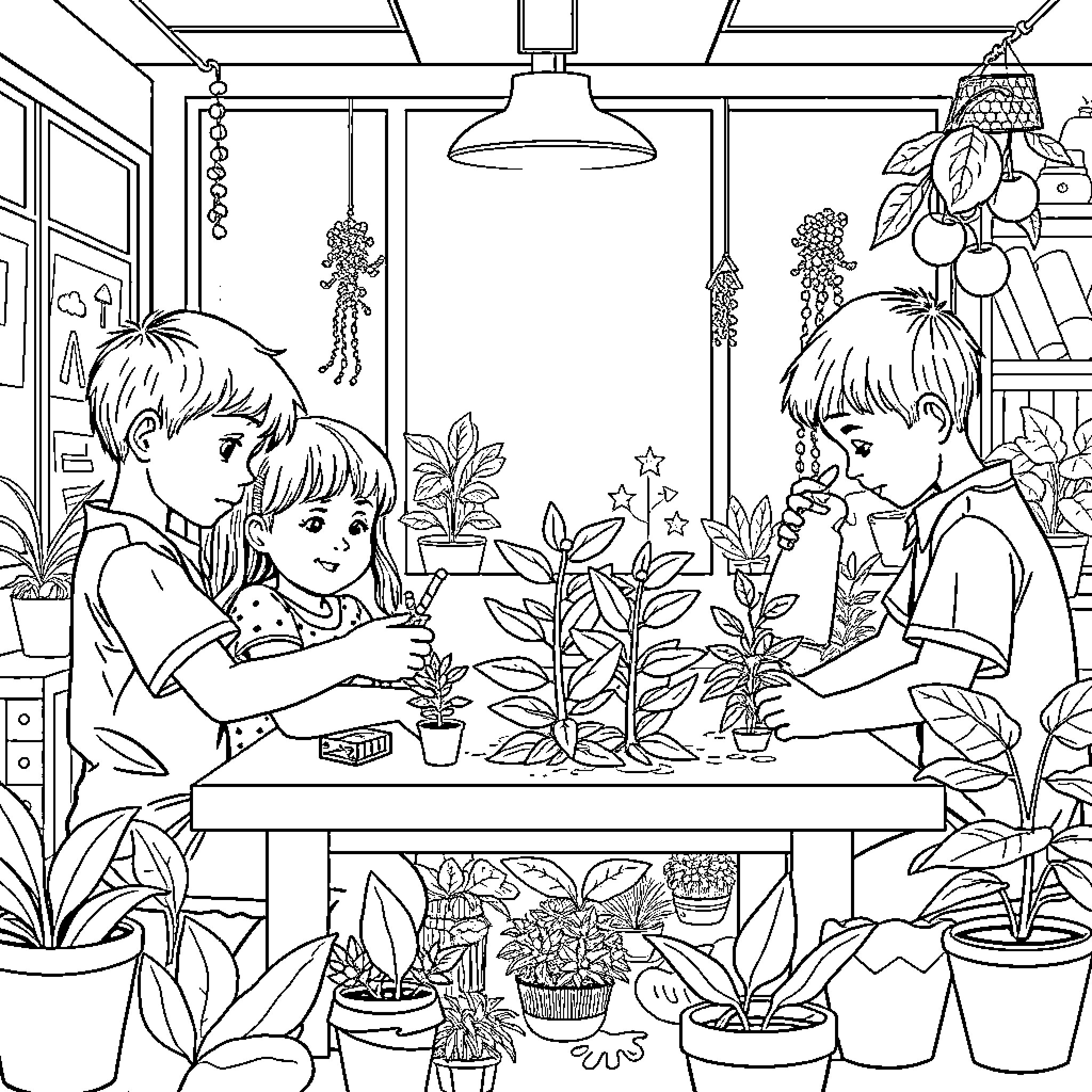 Photosynthesis: Children Exploring Plants and Nature Coloring Page (free black-and-white line drawing printable PDF for all, from beginners to advanced learners, including children, teens, adults, and seniors)