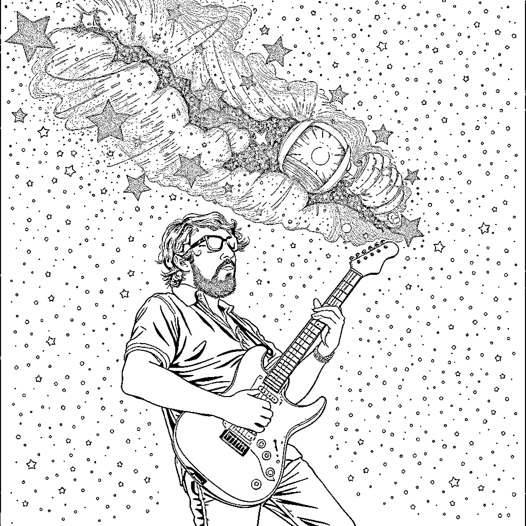 Trey Anastasio playing electric guitar in a cosmic setting Coloring Page (free black-and-white line drawing printable PDF for all, from beginners to advanced learners, including children, teens, adults, and seniors)