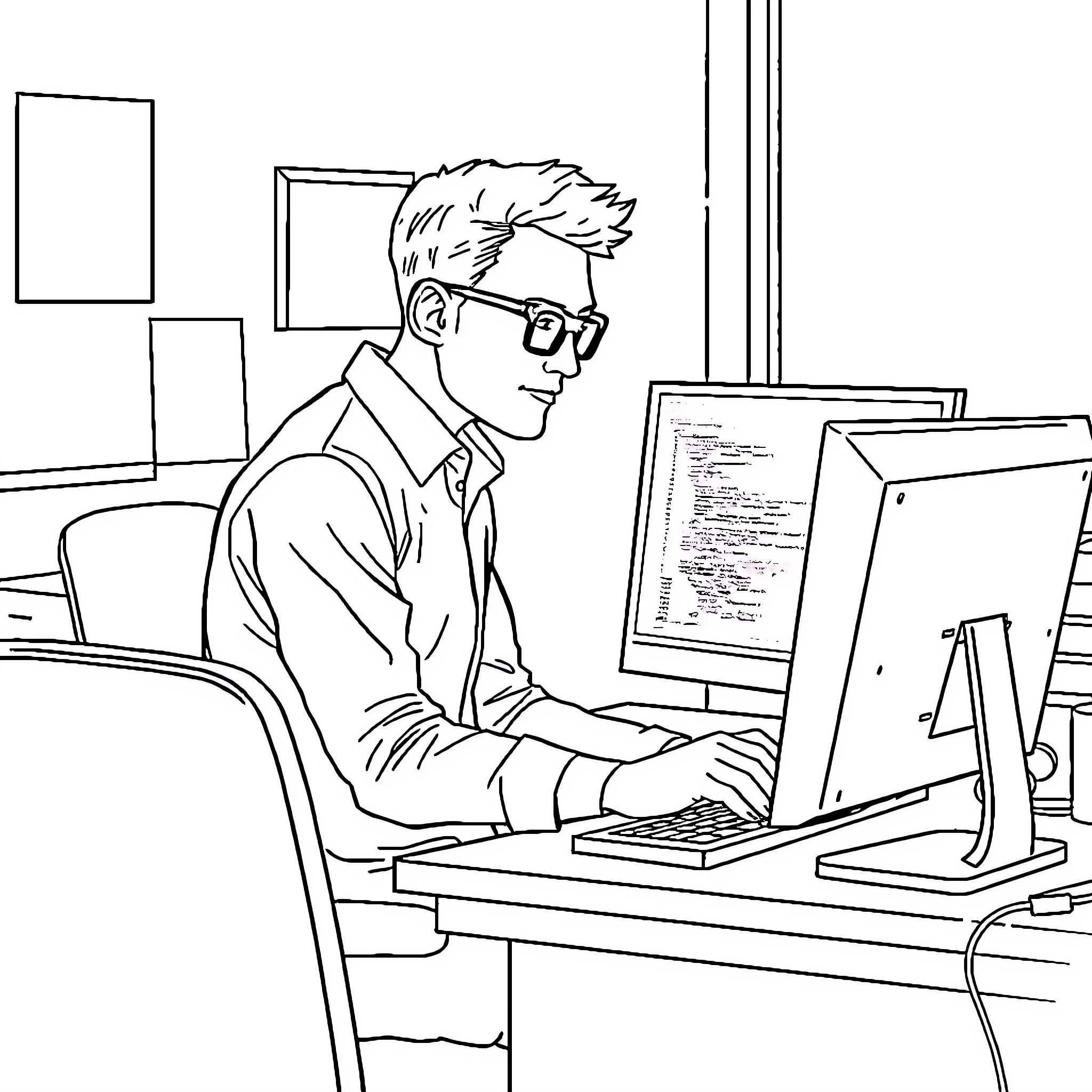 Software Engineer Focused on Coding in the Office Coloring Page (free black-and-white line drawing printable PDF for all, from beginners to advanced learners, including children, teens, adults, and seniors)