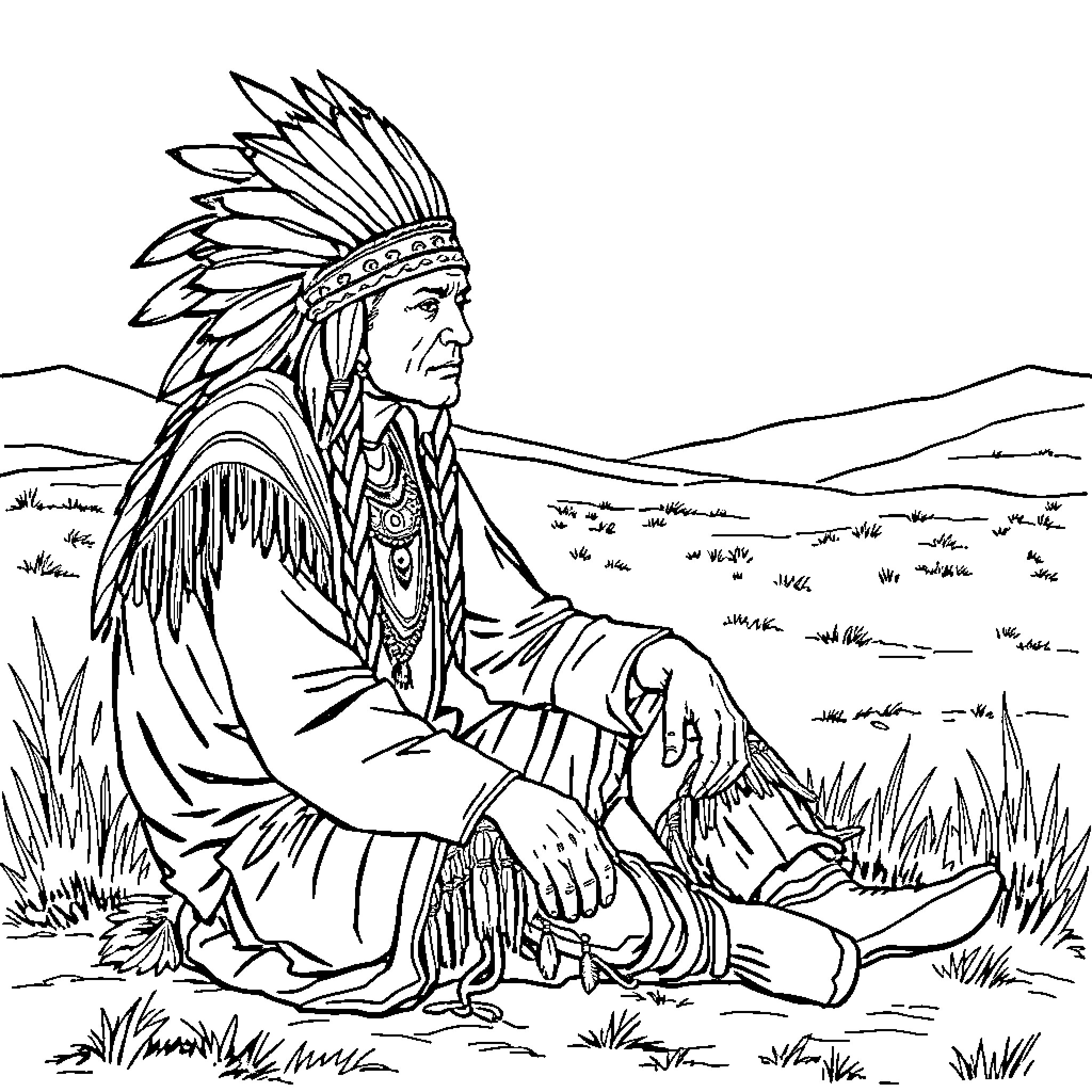 Medicine Man Meditating in the Wilderness Coloring Page (free black-and-white line drawing printable PDF for all, from beginners to advanced learners, including children, teens, adults, and seniors)