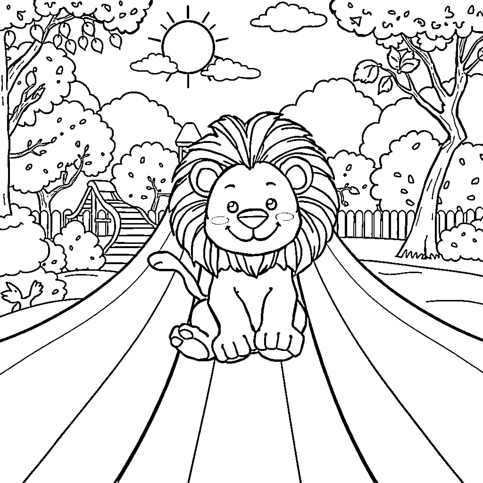 Lion enjoying a sunny day in the park Coloring Page (free black-and-white line drawing printable PDF for all, from beginners to advanced learners, including children, teens, adults, and seniors)