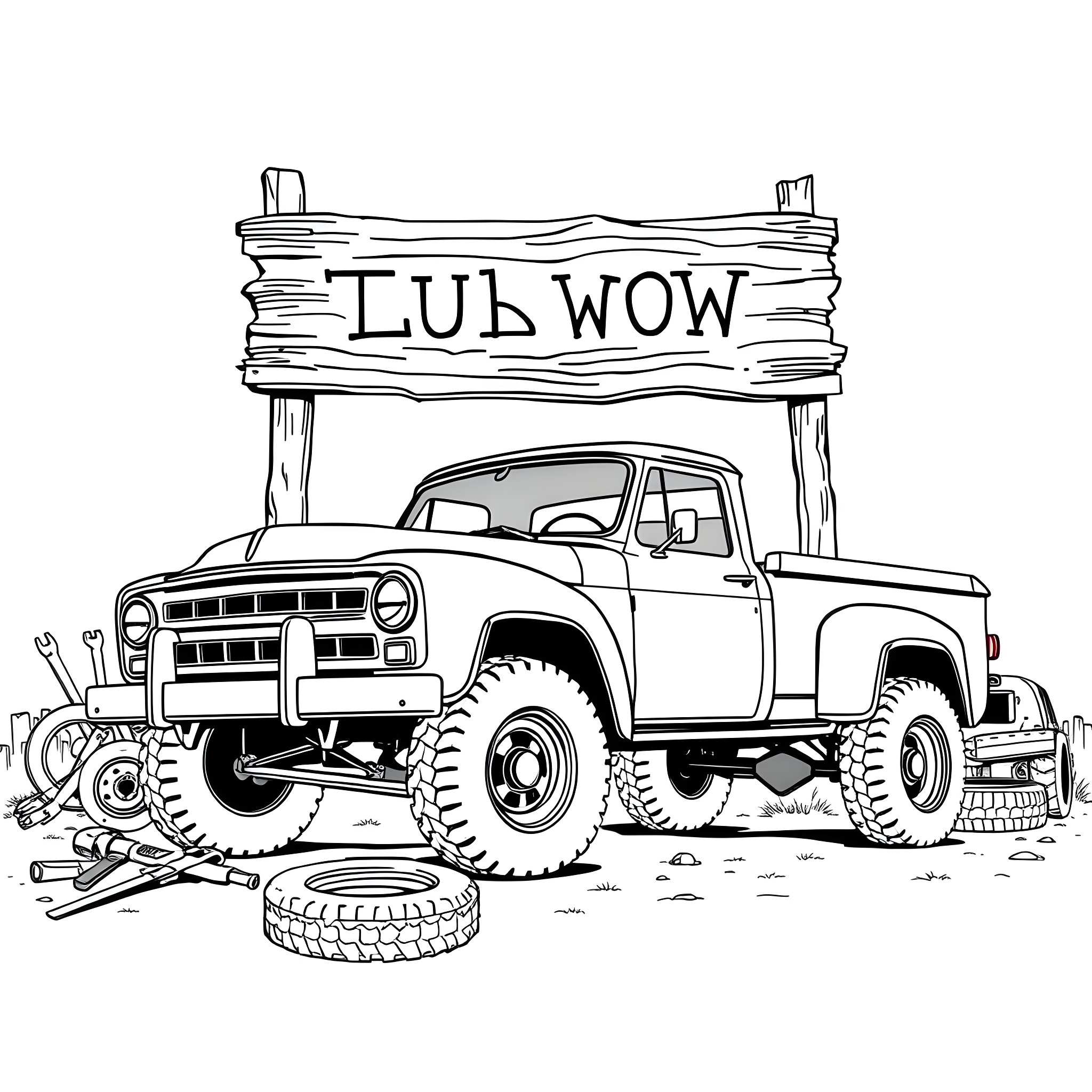 Dump Truck at Lul Wow Garage Coloring Page (free black-and-white line drawing printable PDF for all, from beginners to advanced learners, including children, teens, adults, and seniors)