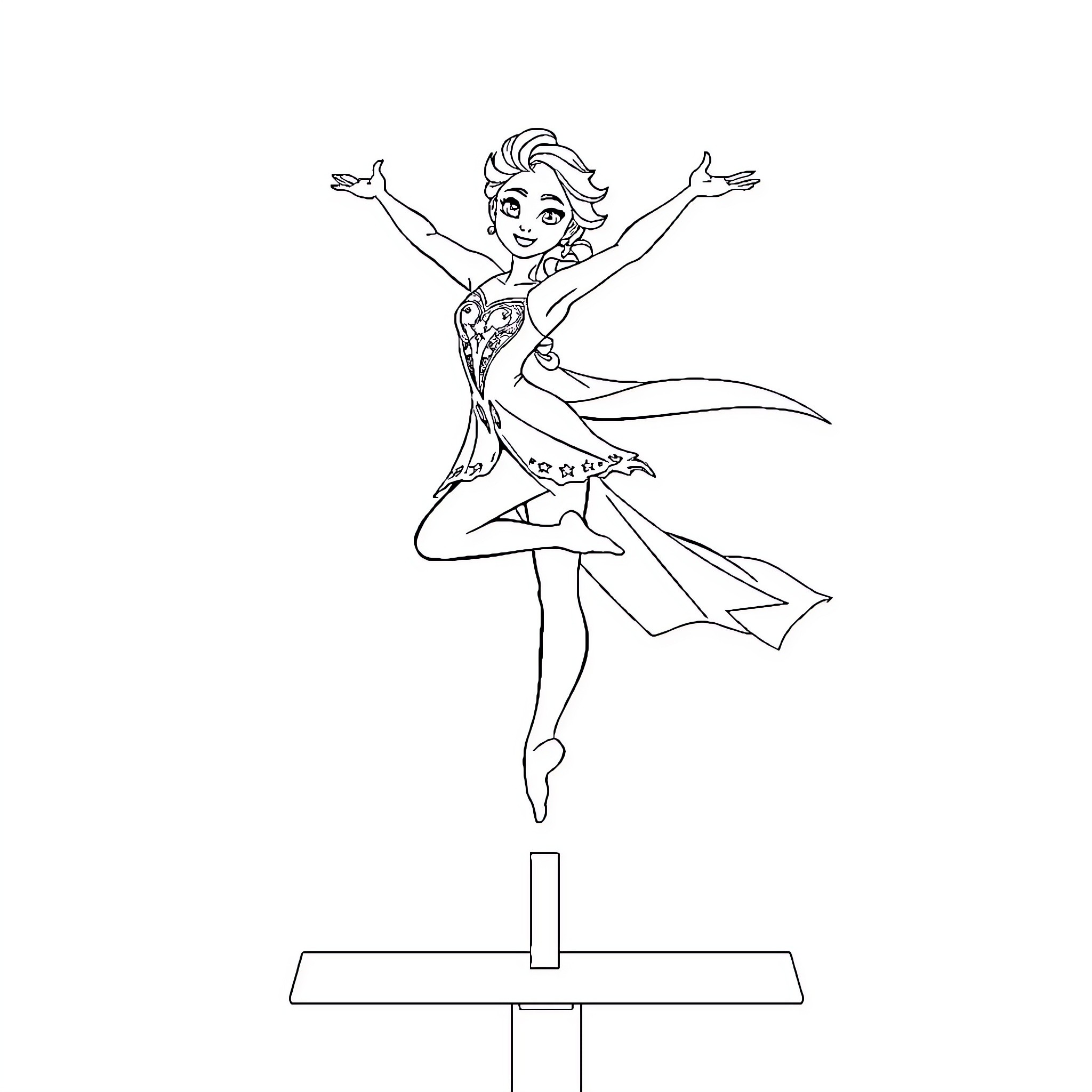 Elsa's Graceful Dance in Elegant Costume Coloring Page (free black-and-white line drawing printable PDF for all, from beginners to advanced learners, including children, teens, adults, and seniors)