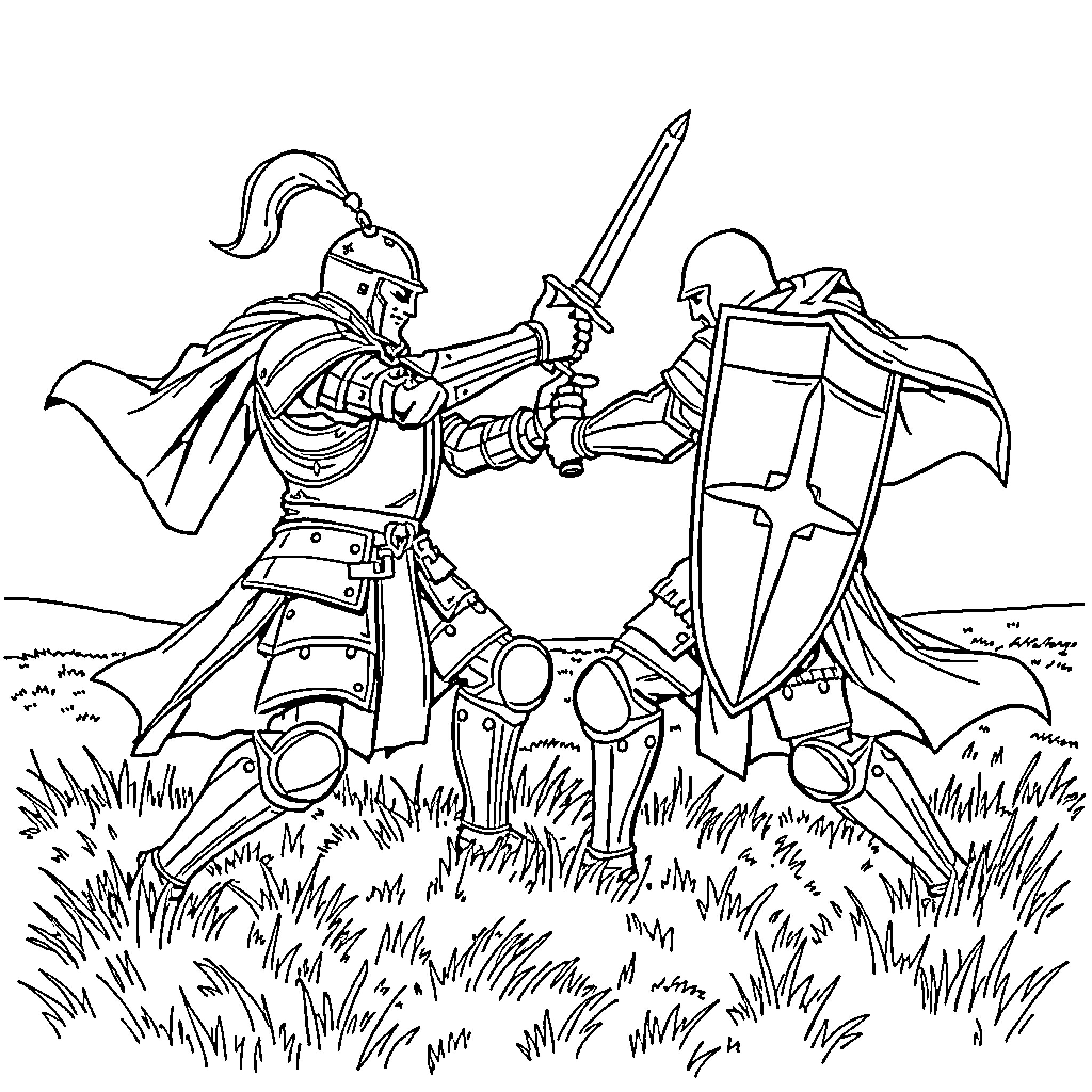 Knights engaged in medieval combat on the battlefield Coloring Page (free black-and-white line drawing printable PDF for all, from beginners to advanced learners, including children, teens, adults, and seniors)