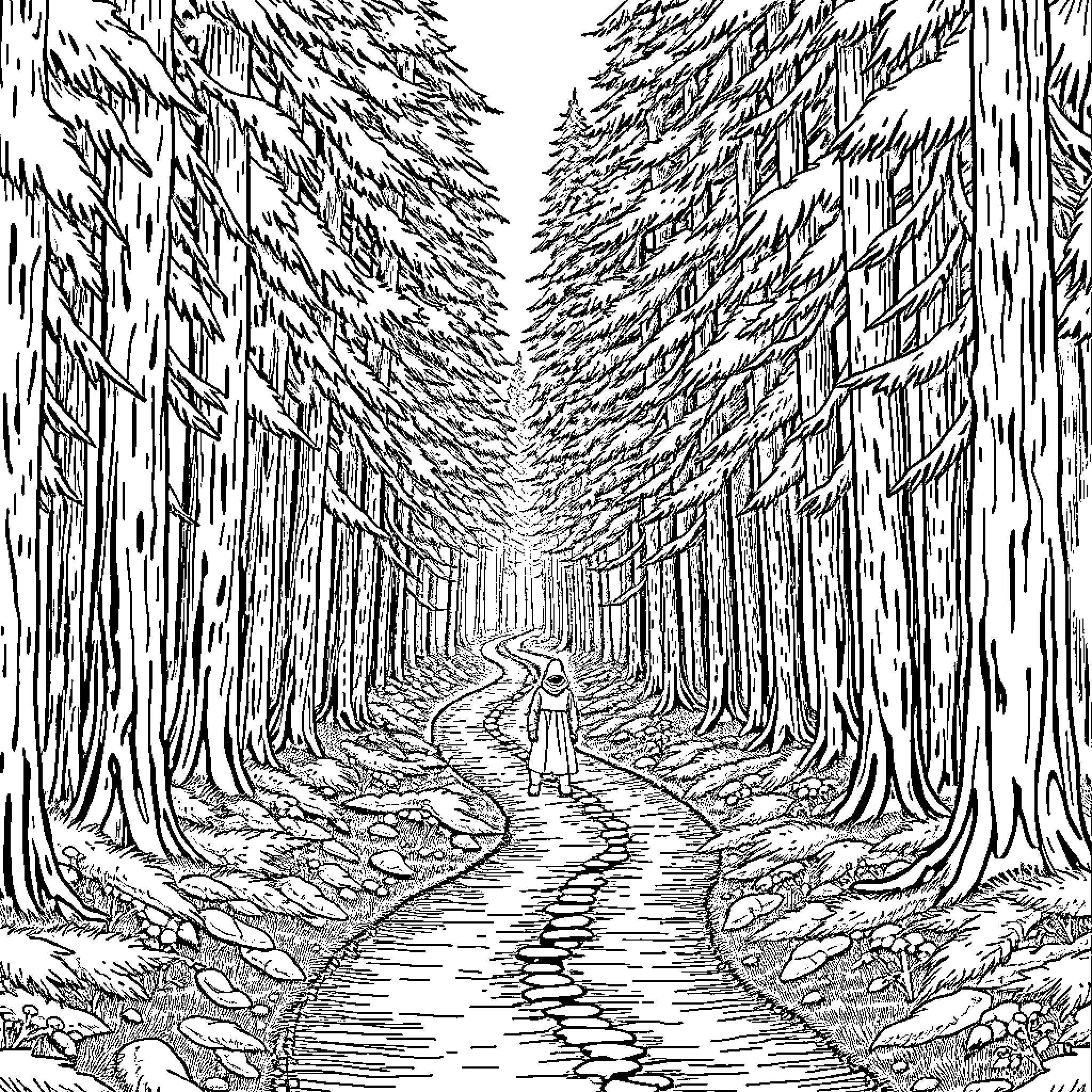 Figure of a Person Walking on a Path Through a Dense Forest Coloring Page (free black-and-white line drawing printable PDF for all, from beginners to advanced learners, including children, teens, adults, and seniors)