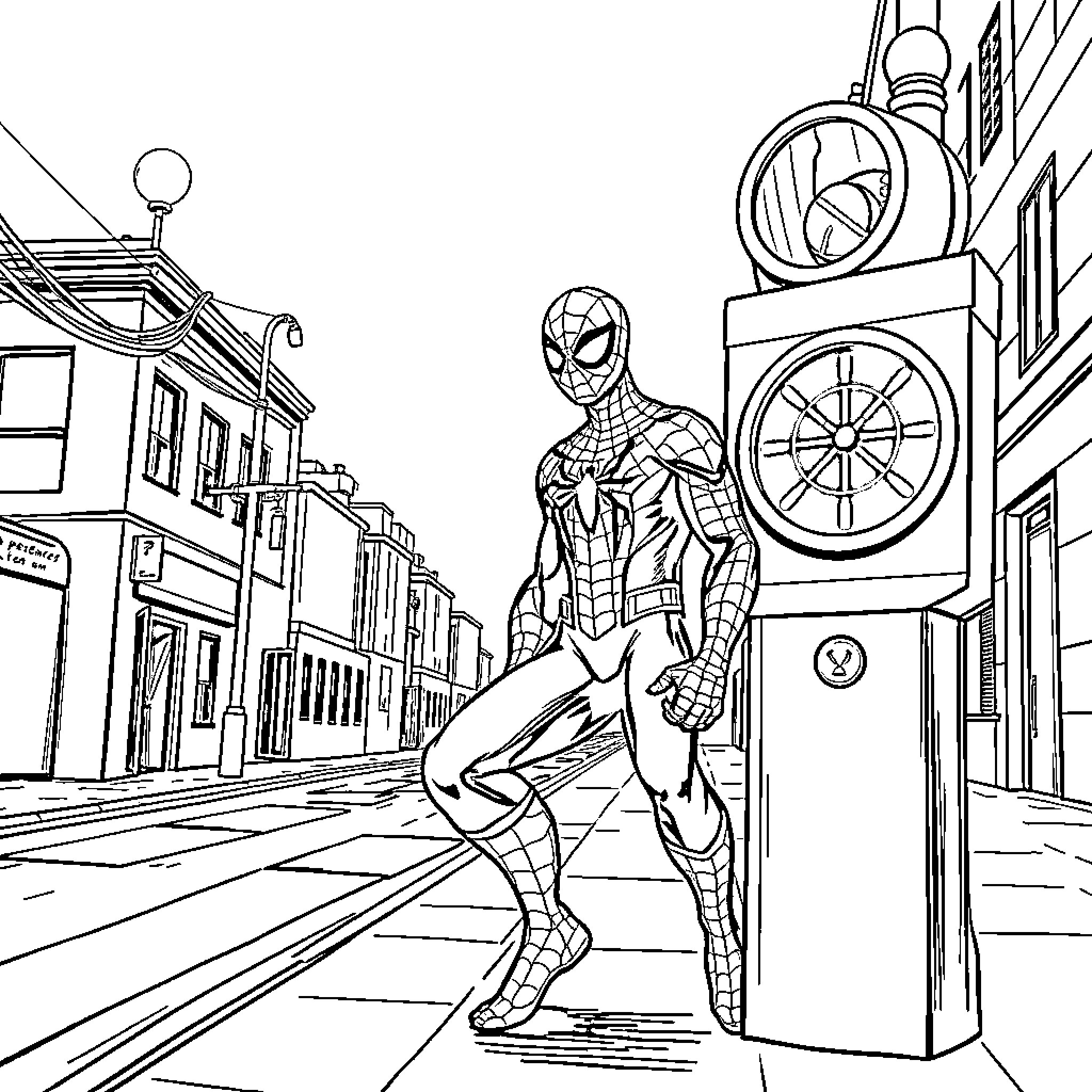 Spiderman swinging through the city streets Coloring Page (free black-and-white line drawing printable PDF for all, from beginners to advanced learners, including children, teens, adults, and seniors)