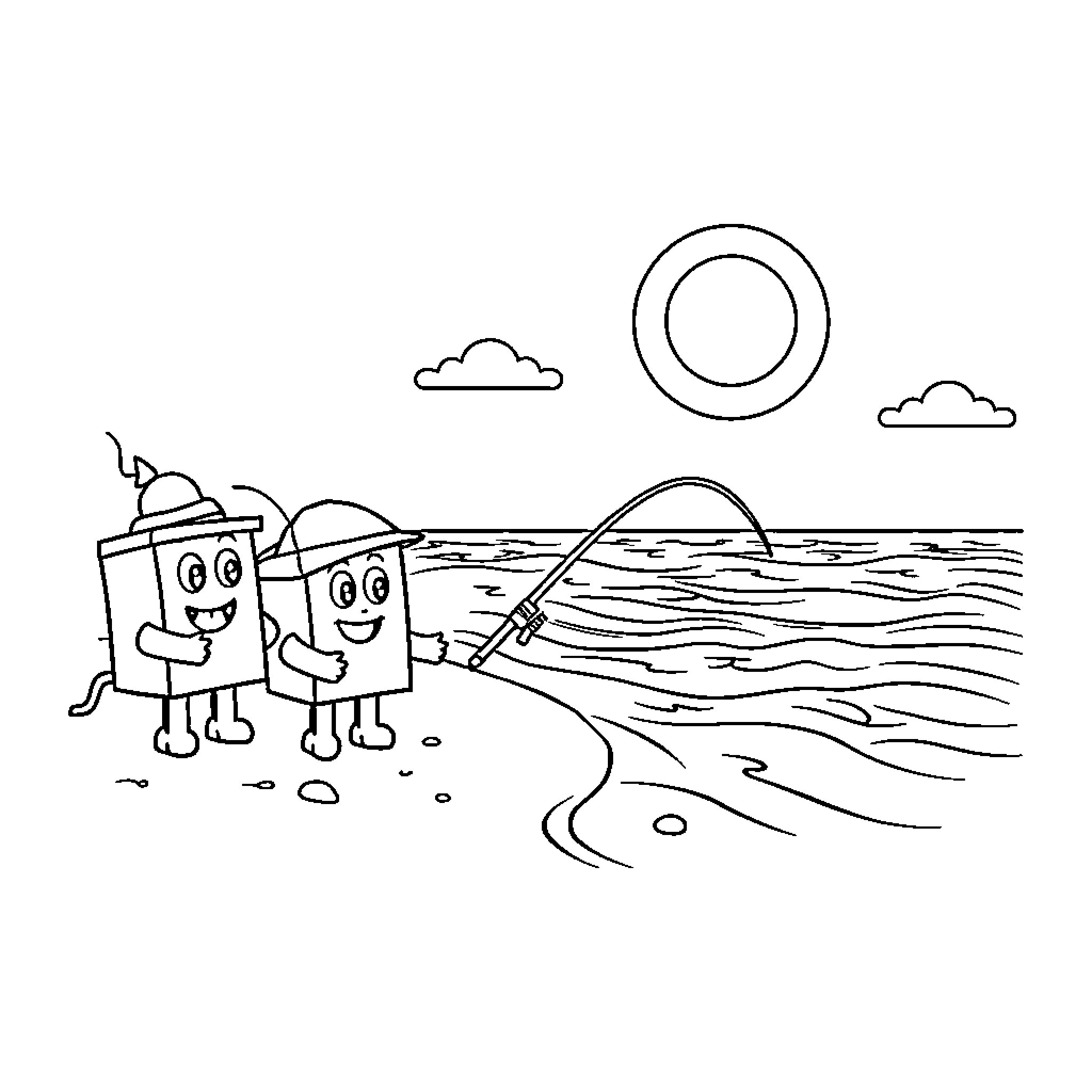 Numberblocks fishing at the beach Coloring Page (free black-and-white line drawing printable PDF for all, from beginners to advanced learners, including children, teens, adults, and seniors)