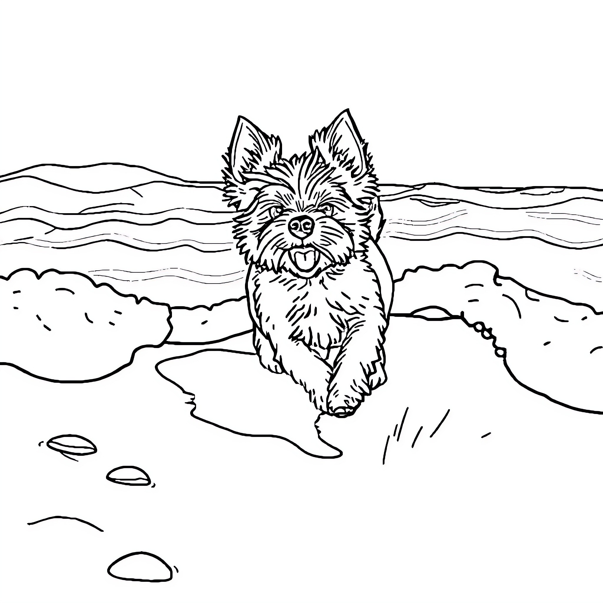 Morkie playing happily in the waves Coloring Page (free black-and-white line drawing printable PDF for all, from beginners to advanced learners, including children, teens, adults, and seniors)