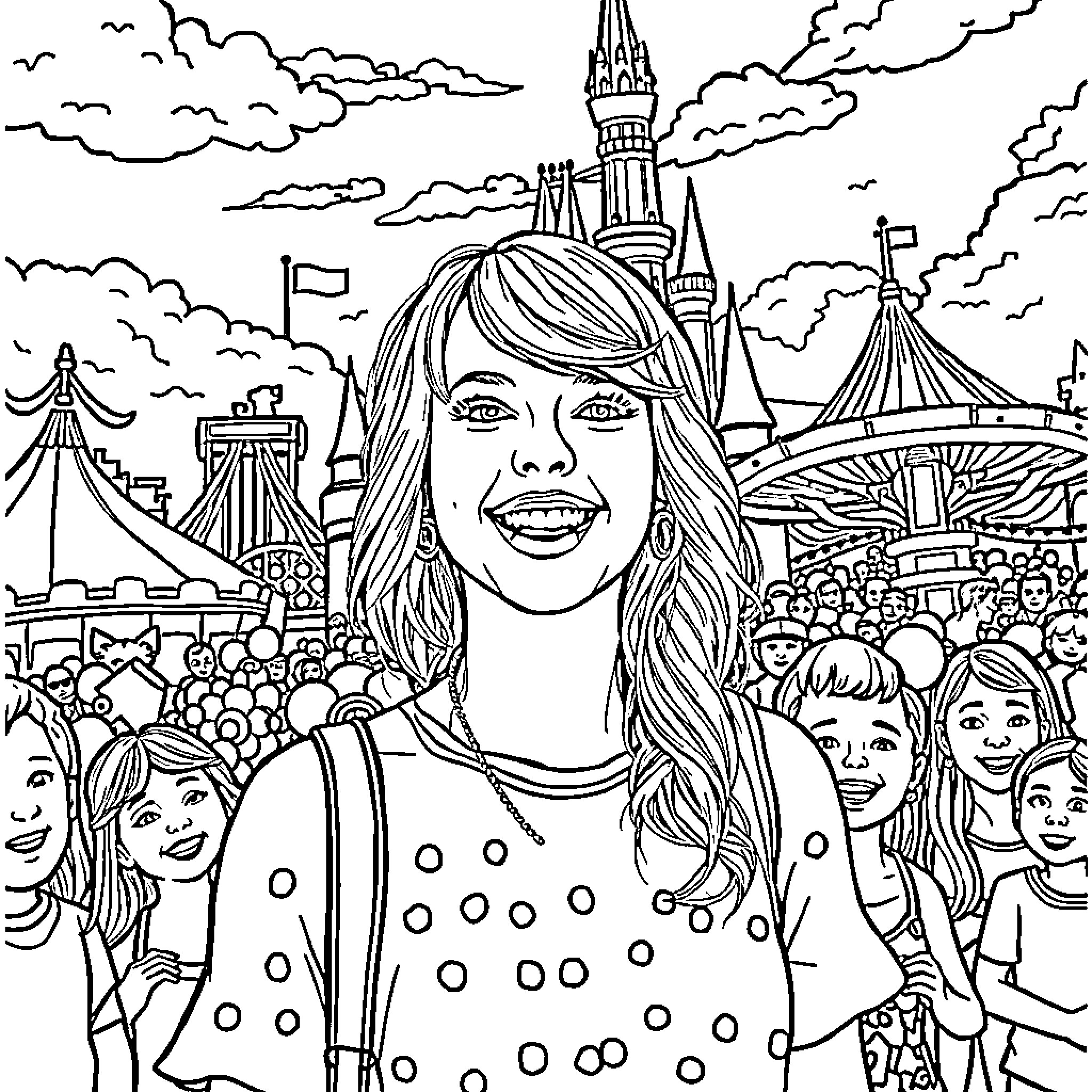 Taylor Swift performing on stage surrounded by enthusiastic fans Coloring Page (free black-and-white line drawing printable PDF for all, from beginners to advanced learners, including children, teens, adults, and seniors)
