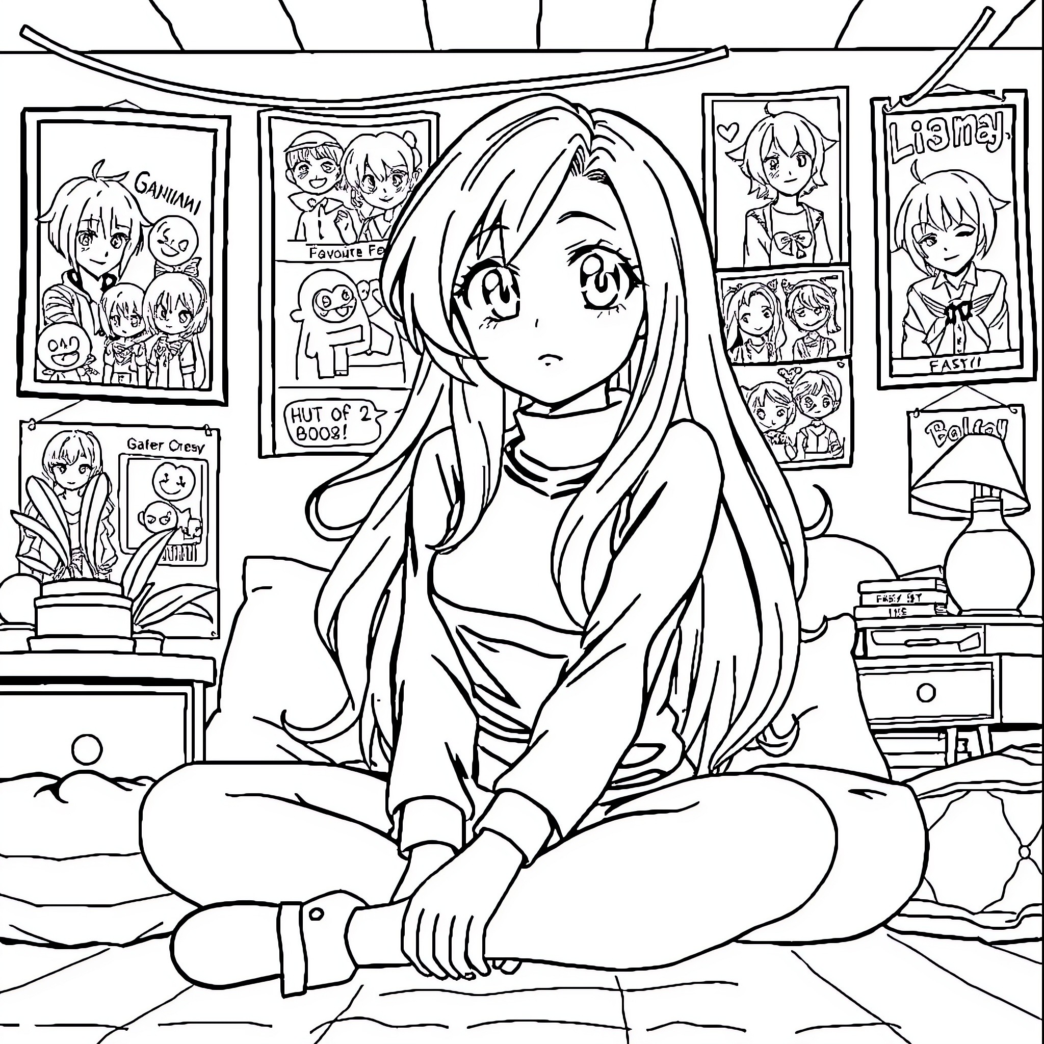 Alya's Cozy Room with Anime Decor Coloring Page (free black-and-white line drawing printable PDF for all, from beginners to advanced learners, including children, teens, adults, and seniors)