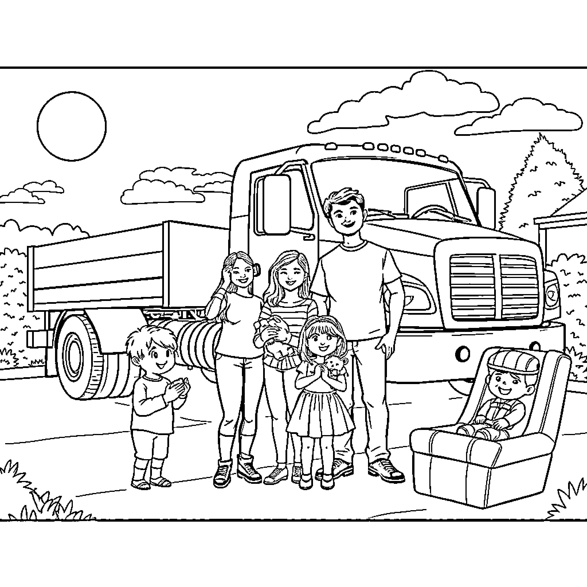 Truck family enjoying outdoor adventure Coloring Page (free black-and-white line drawing printable PDF for all, from beginners to advanced learners, including children, teens, adults, and seniors)