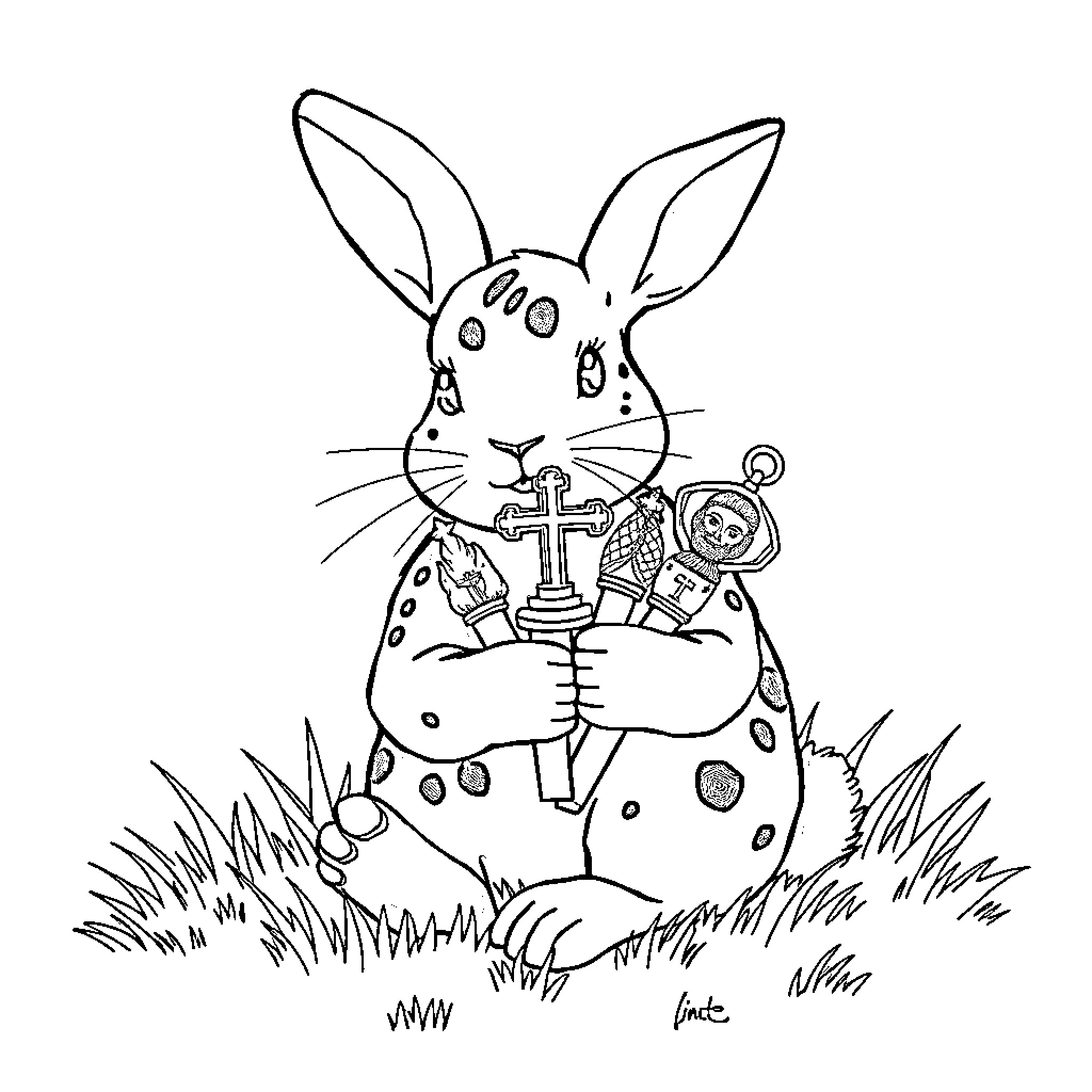 Bunny playing with toys in the grass Coloring Page (free black-and-white line drawing printable PDF for all, from beginners to advanced learners, including children, teens, adults, and seniors)