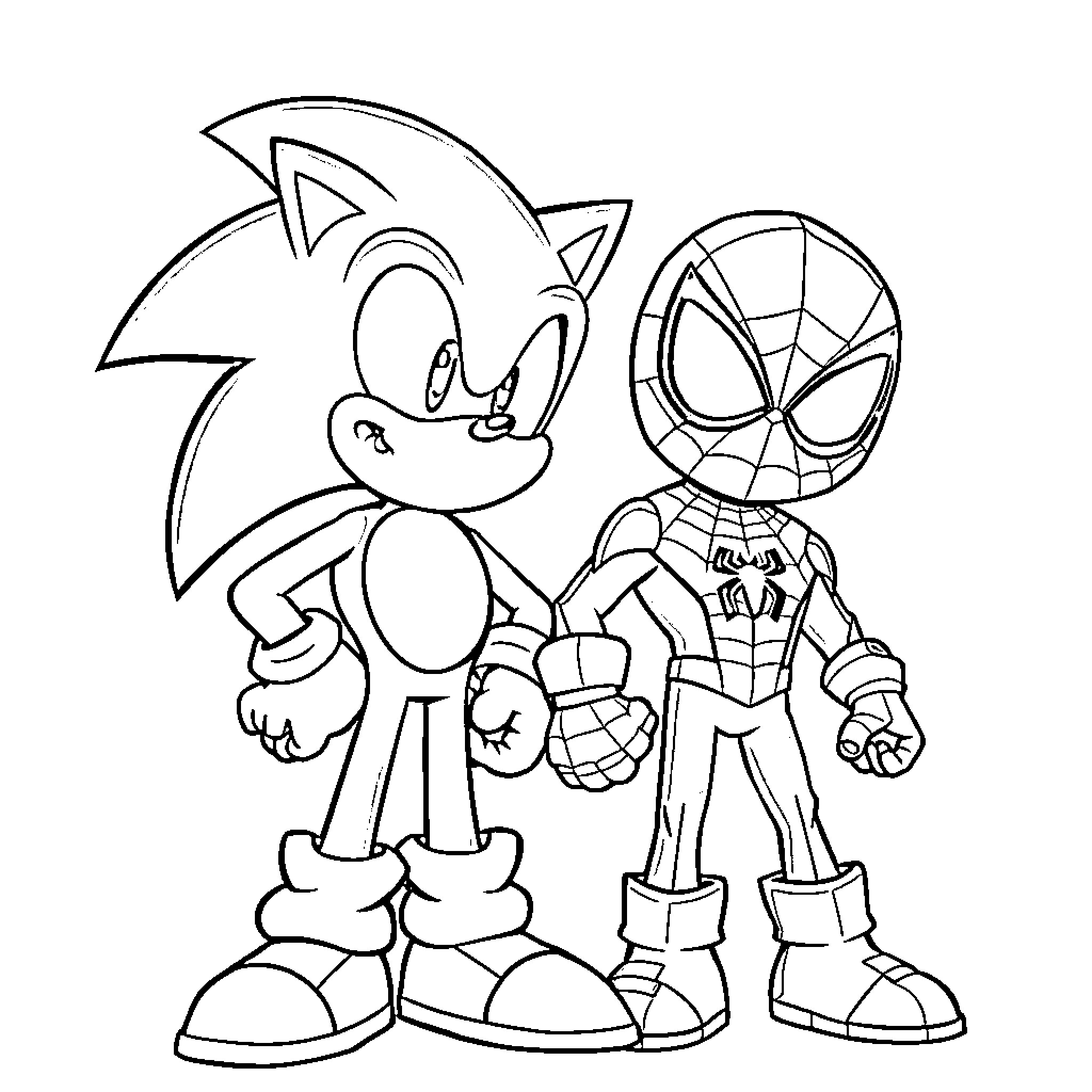 Sonic and Spider-Man in Friendly Encounter Coloring Page (free black-and-white line drawing printable PDF for all, from beginners to advanced learners, including children, teens, adults, and seniors)