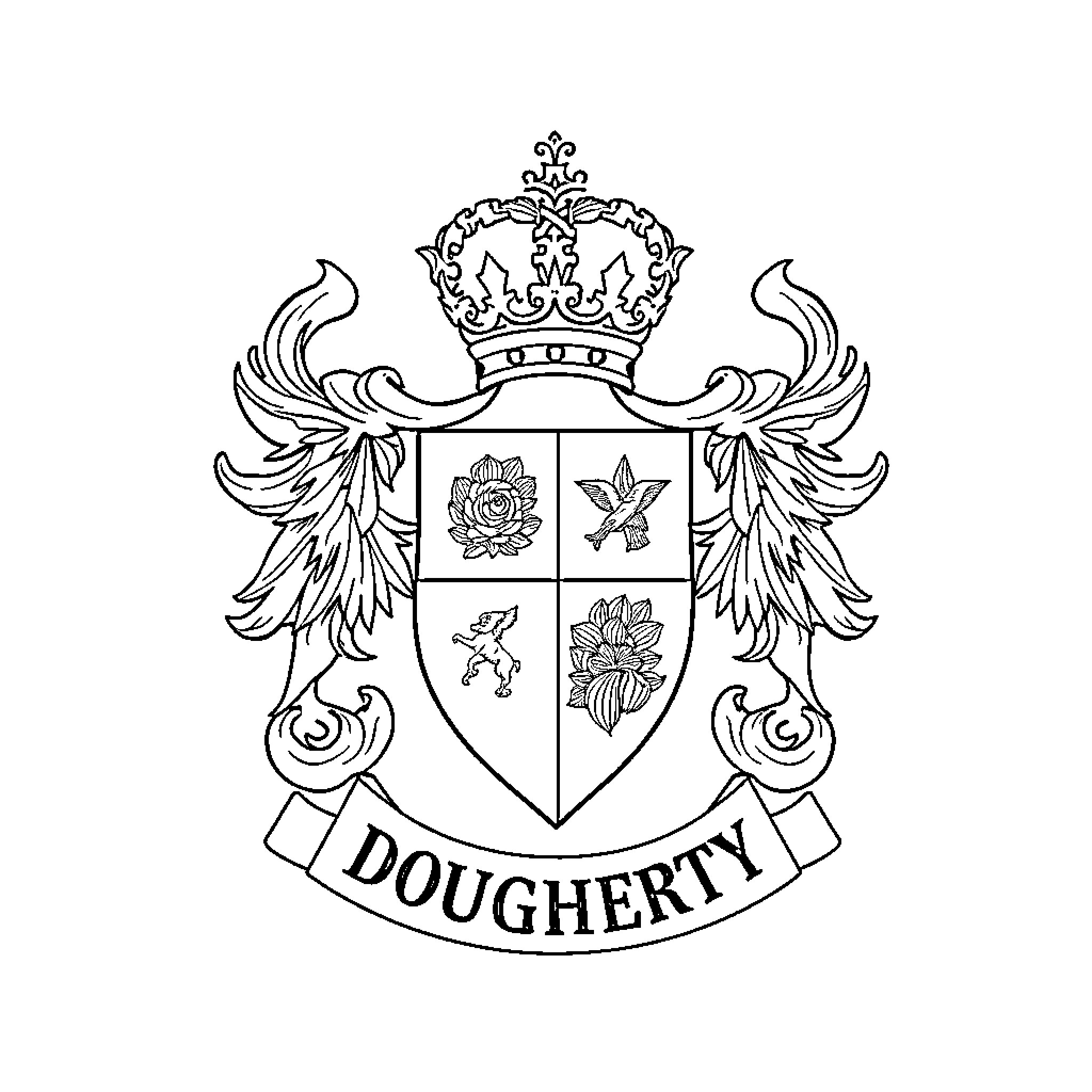 Crest with Heraldic Symbols and Crown Coloring Page (free black-and-white line drawing printable PDF for all, from beginners to advanced learners, including children, teens, adults, and seniors)