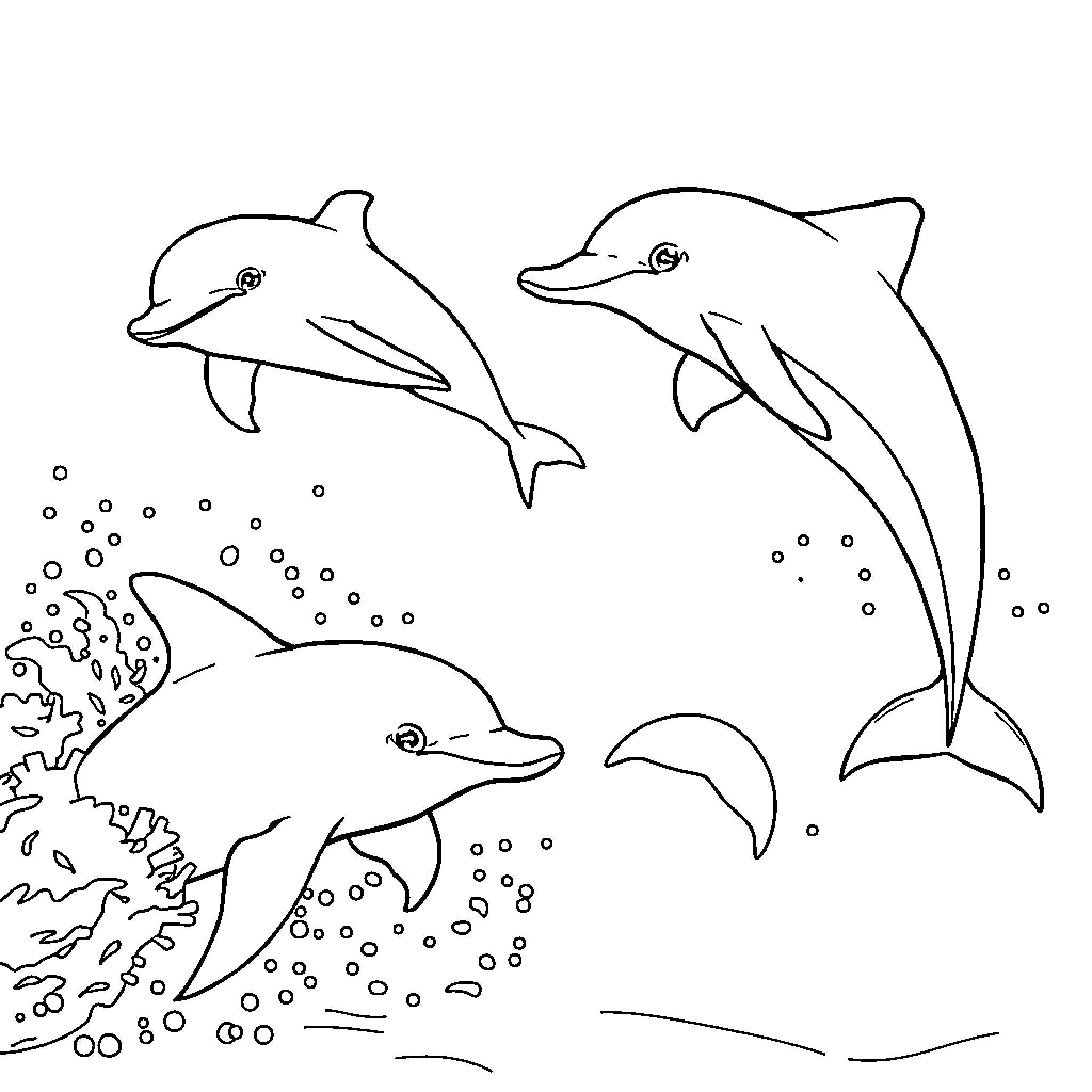 Dolphins swimming together in the sea Coloring Page (free black-and-white line drawing printable PDF for all, from beginners to advanced learners, including children, teens, adults, and seniors)