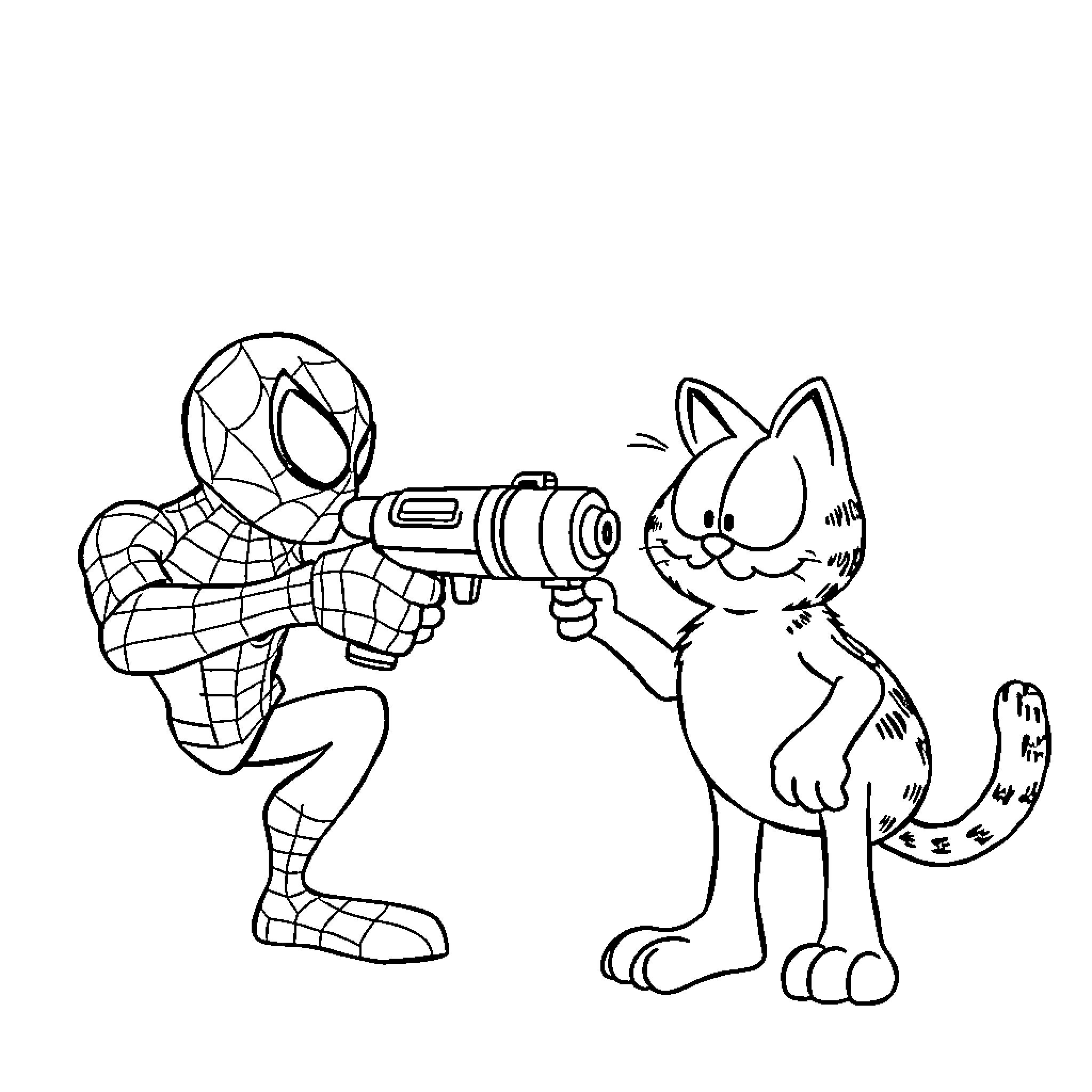 Spiderman aims water gun at playful cat Coloring Page (free black-and-white line drawing printable PDF for all, from beginners to advanced learners, including children, teens, adults, and seniors)