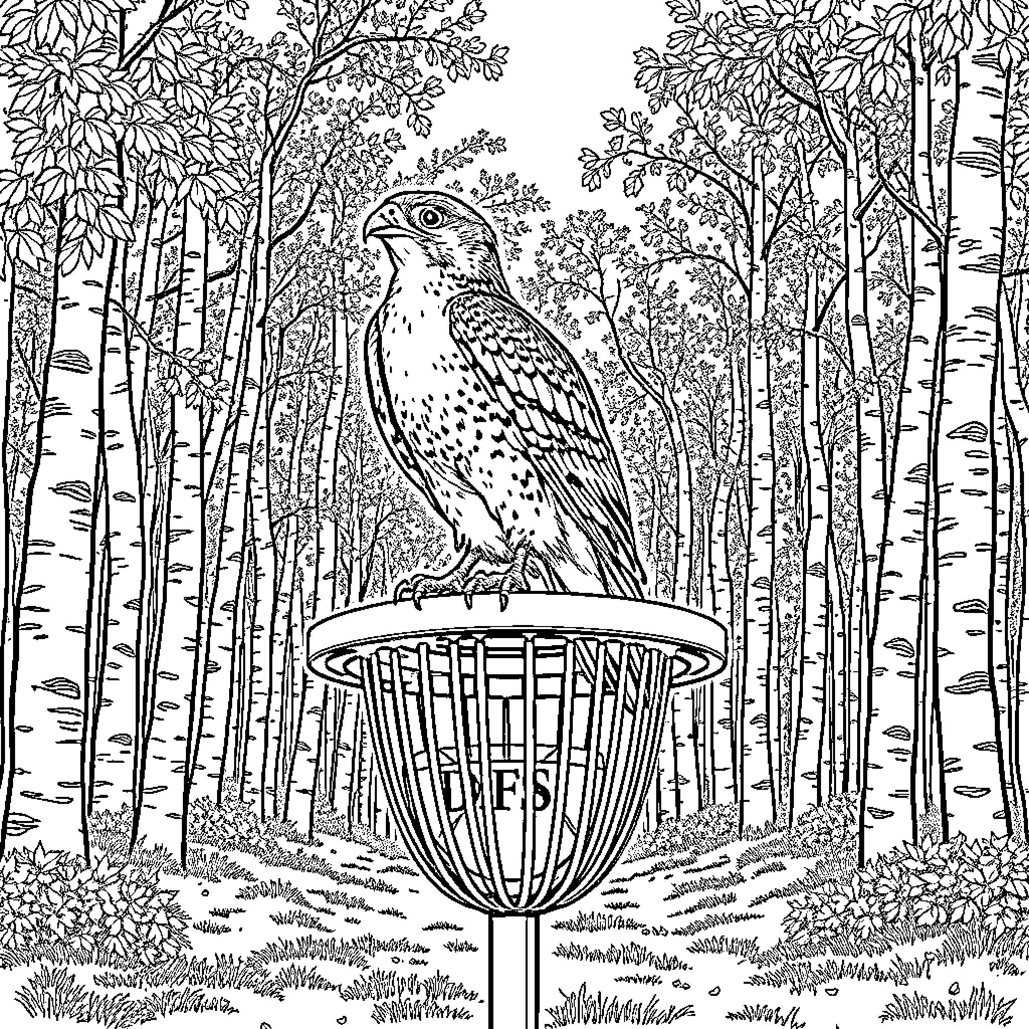 Falcon perched on a bird feeder in a forest Coloring Page (free black-and-white line drawing printable PDF for all, from beginners to advanced learners, including children, teens, adults, and seniors)