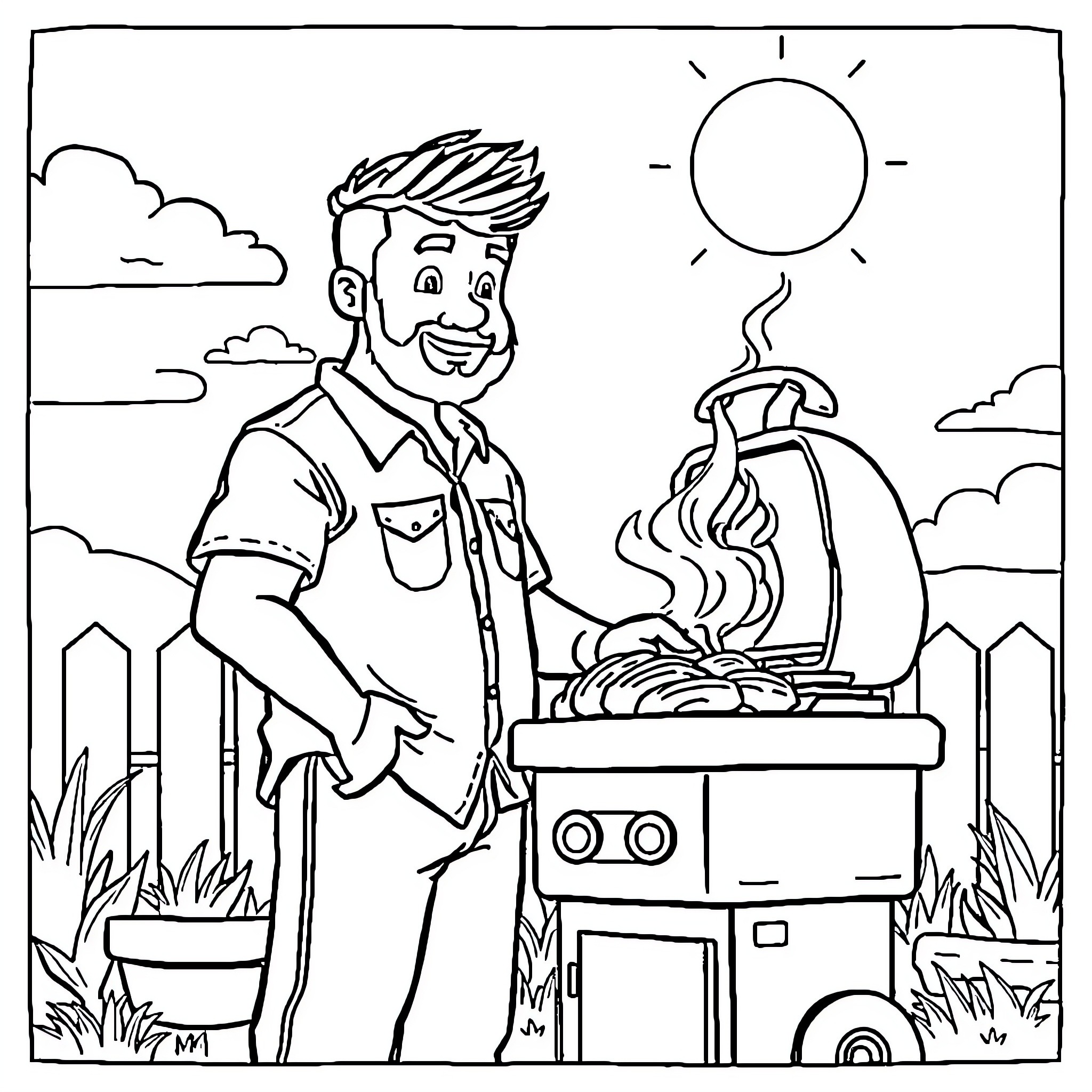 MJF cooking outdoors on a sunny day Coloring Page (free black-and-white line drawing printable PDF for all, from beginners to advanced learners, including children, teens, adults, and seniors)
