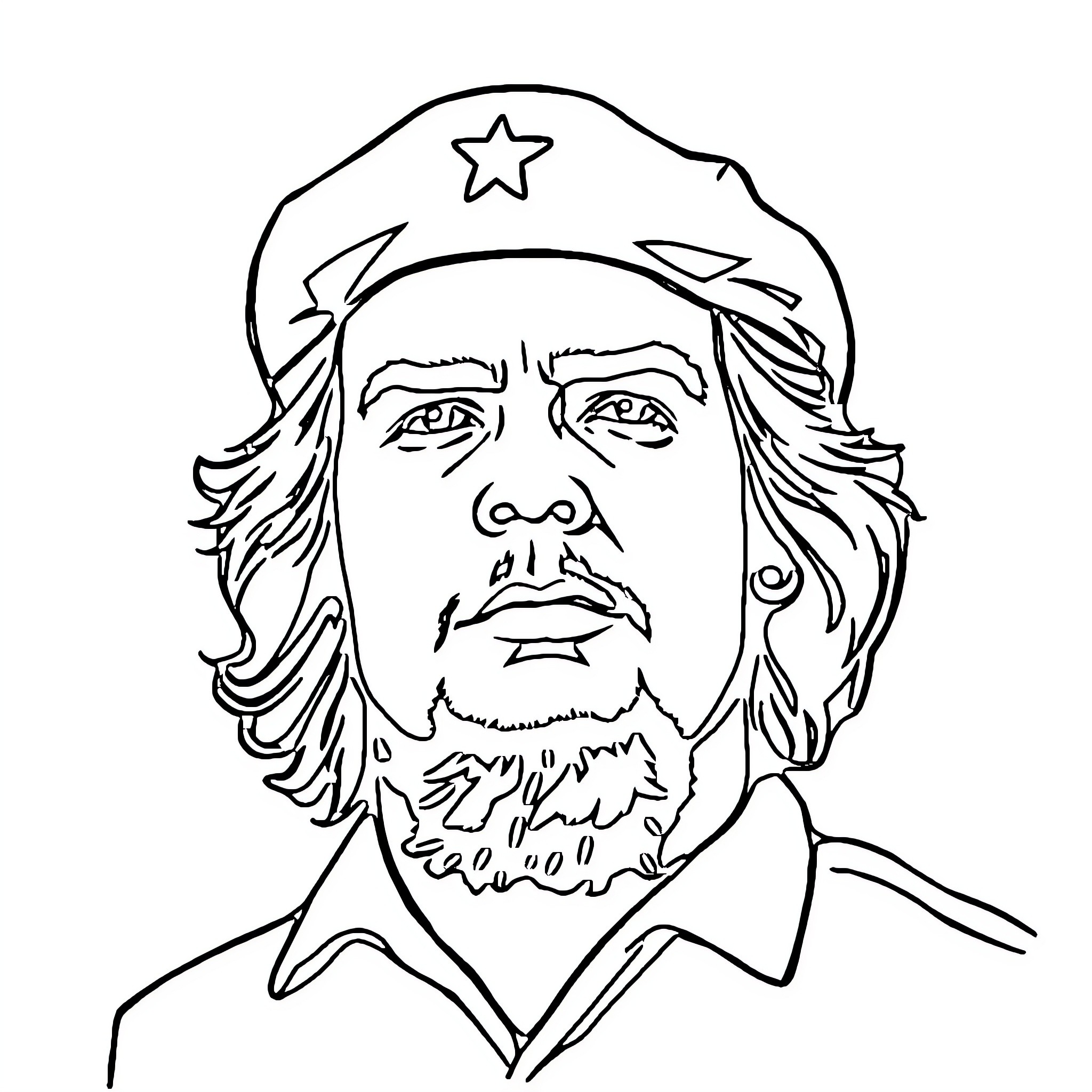 Che Guevara in revolutionary attire Coloring Page (free black-and-white line drawing printable PDF for all, from beginners to advanced learners, including children, teens, adults, and seniors)