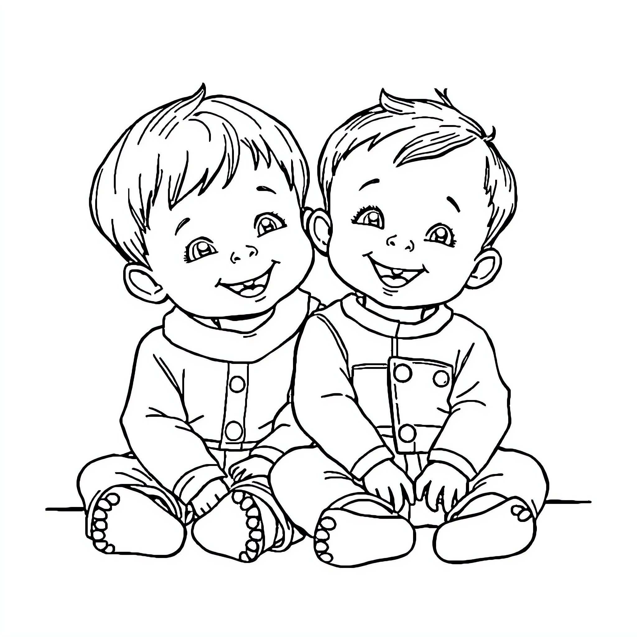 Gabby's Playful Pals: Two Happy Children Coloring Page (free black-and-white line drawing printable PDF for all, from beginners to advanced learners, including children, teens, adults, and seniors)