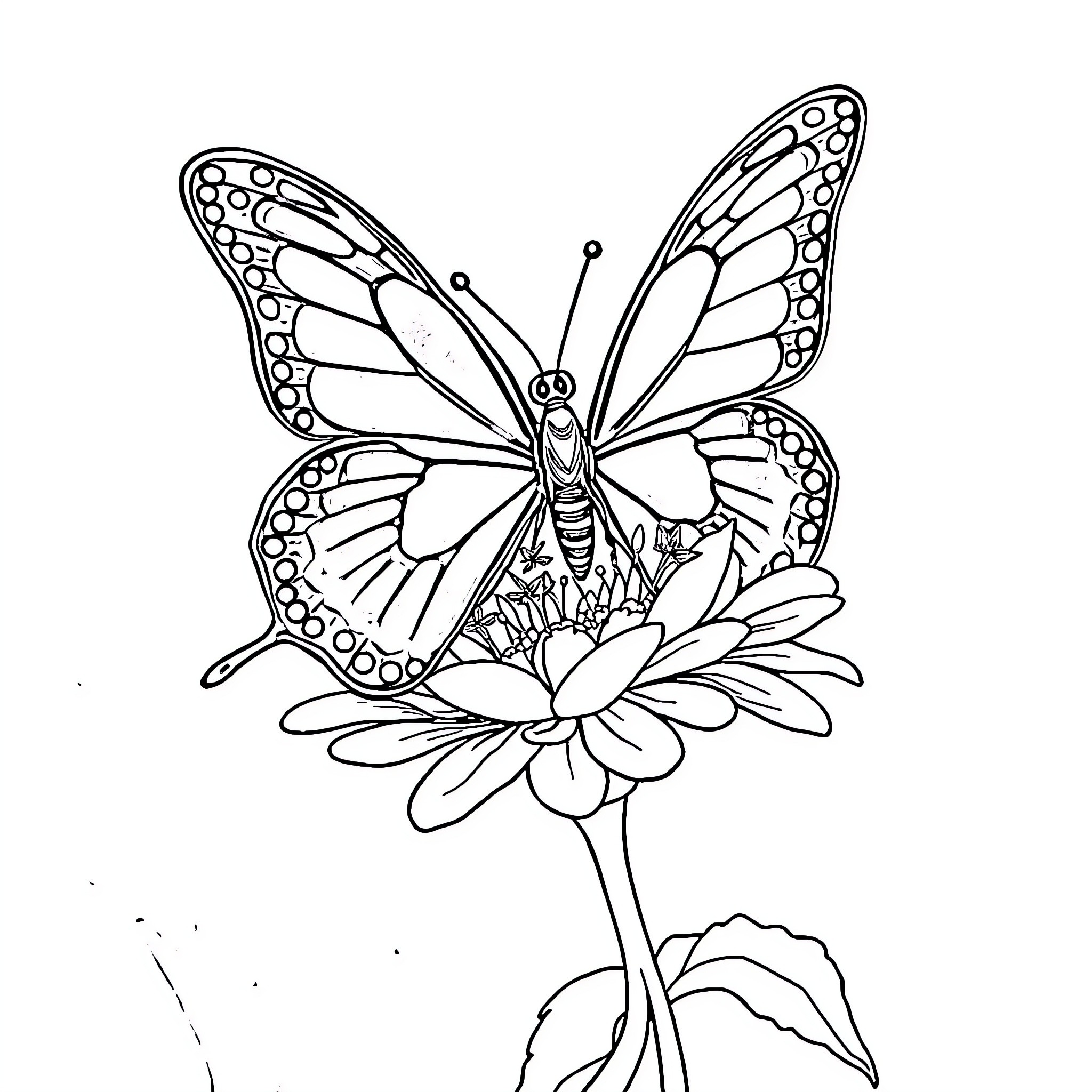 Butterfly perched on a vibrant flower Coloring Page (free black-and-white line drawing printable PDF for all, from beginners to advanced learners, including children, teens, adults, and seniors)