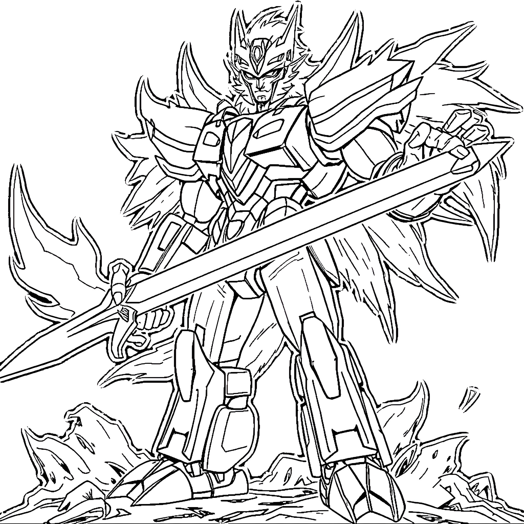 Voltron Warrior Wielding Powerful Sword in Battle Coloring Page (free black-and-white line drawing printable PDF for all, from beginners to advanced learners, including children, teens, adults, and seniors)