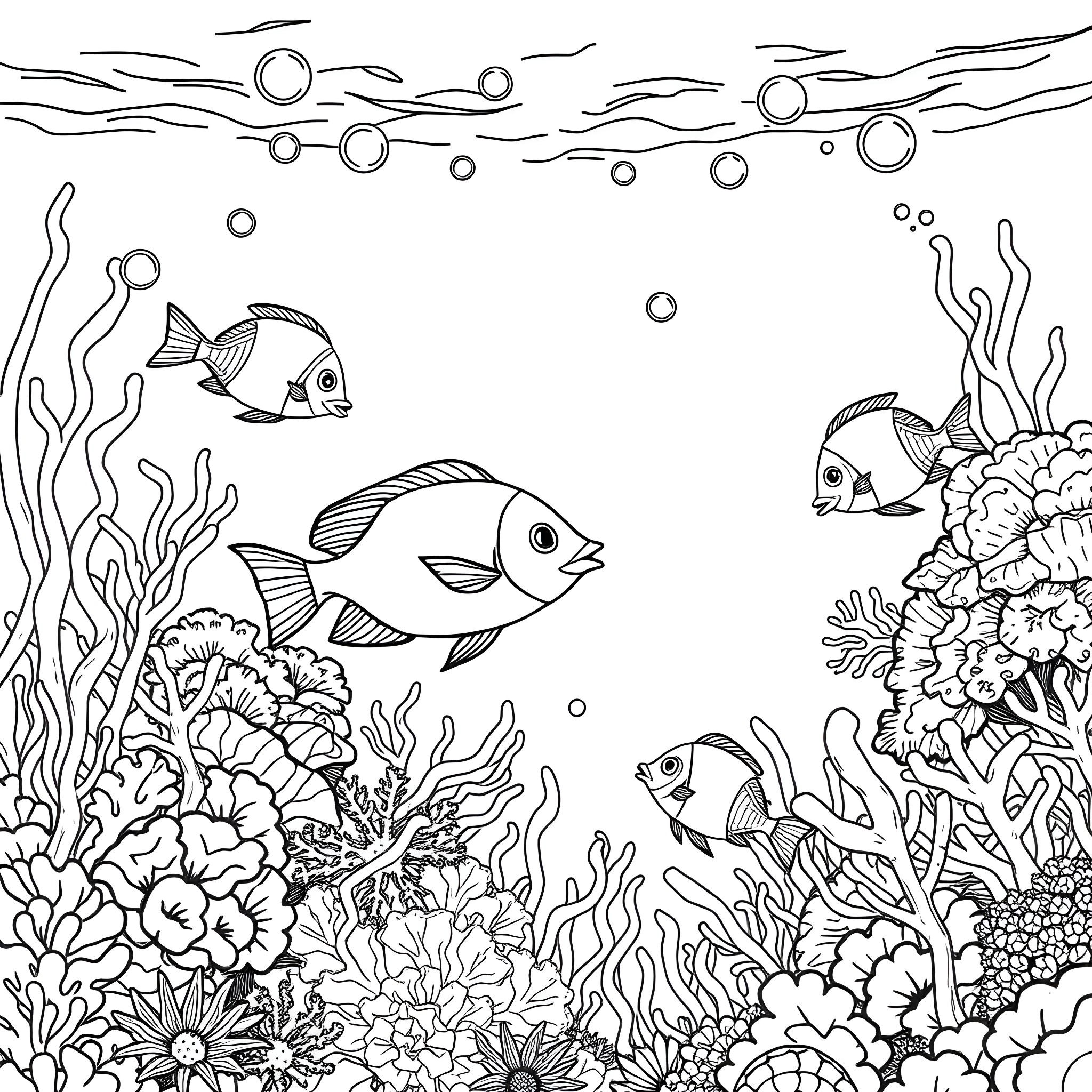Tropical Fish Swimming in Coral Reef Coloring Page (free black-and-white line drawing printable PDF for all, from beginners to advanced learners, including children, teens, adults, and seniors)