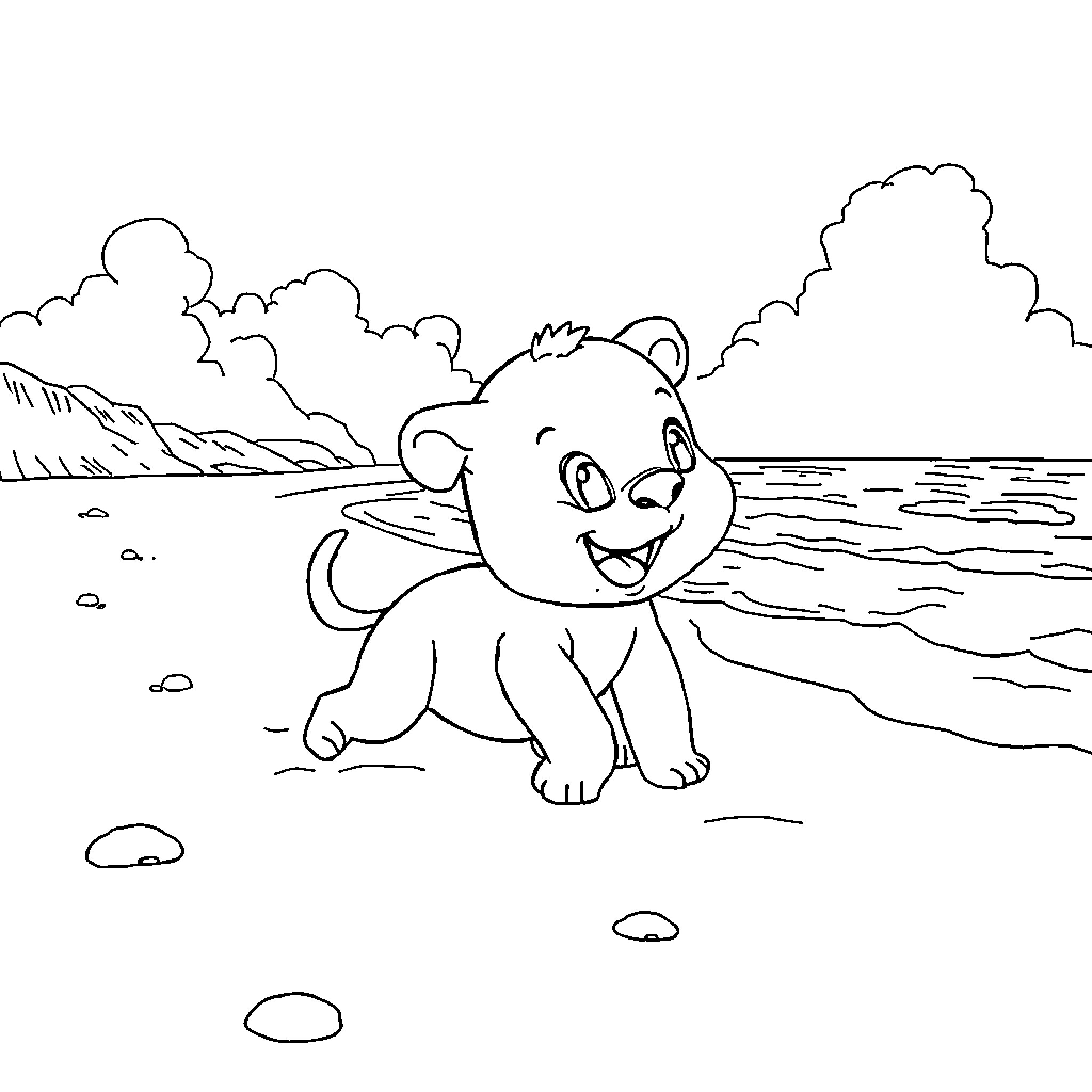 Labubu playing joyfully by the beach Coloring Page (free black-and-white line drawing printable PDF for all, from beginners to advanced learners, including children, teens, adults, and seniors)