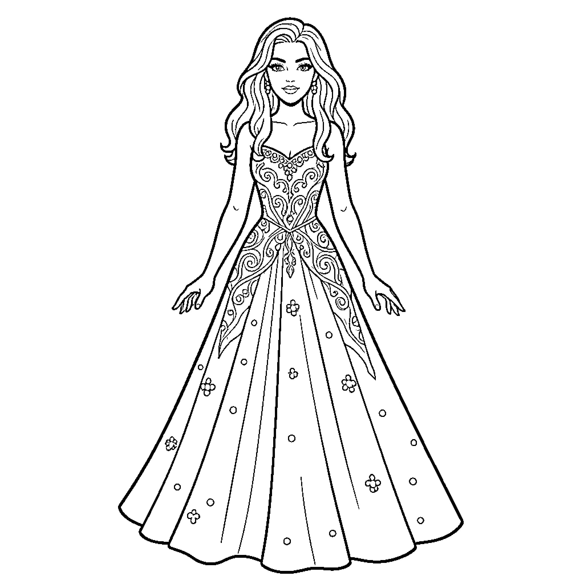 Madonna wearing an elegant patterned ball gown Coloring Page (free black-and-white line drawing printable PDF for all, from beginners to advanced learners, including children, teens, adults, and seniors)