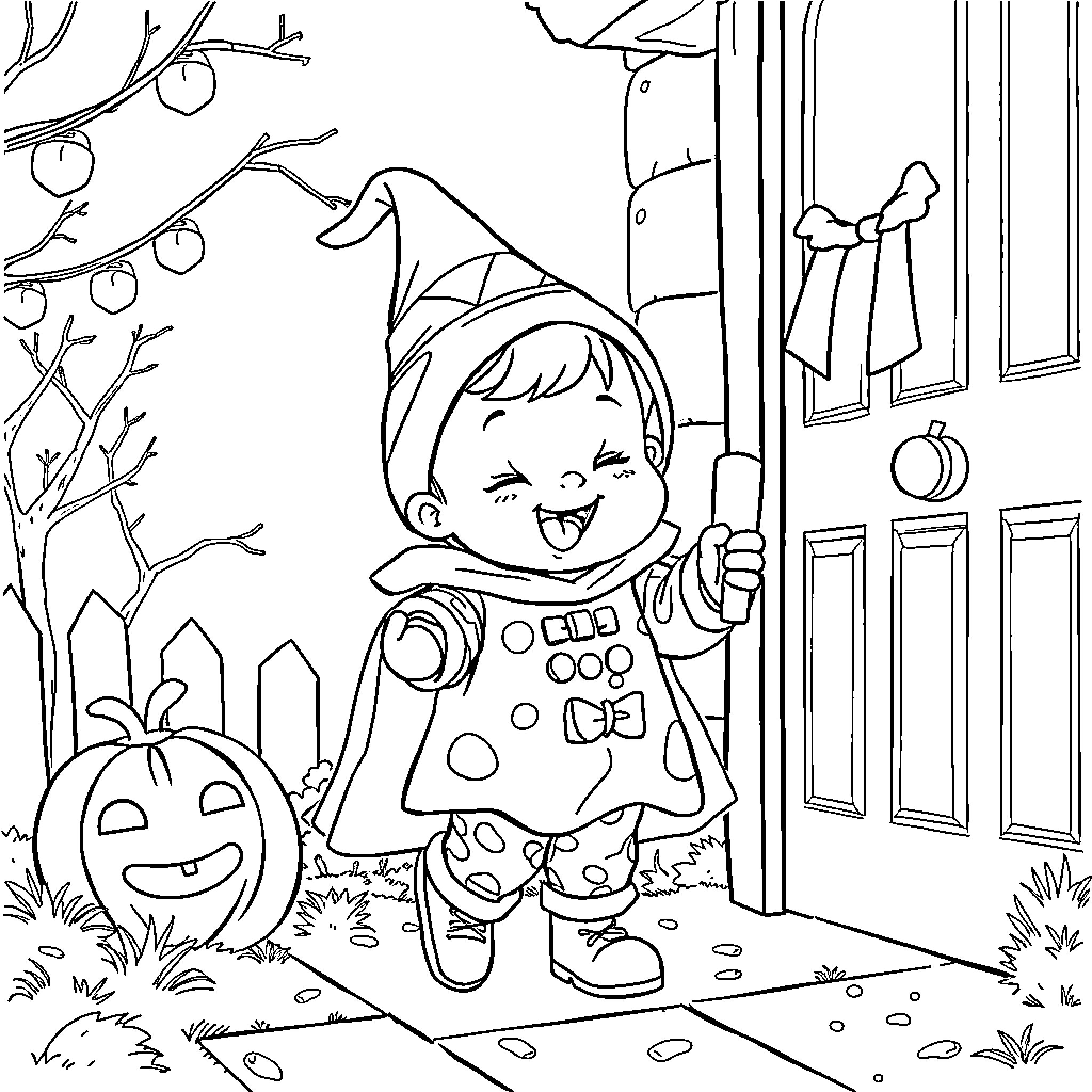 Kid in Halloween costume trick-or-treating at night Coloring Page (free black-and-white line drawing printable PDF for all, from beginners to advanced learners, including children, teens, adults, and seniors)