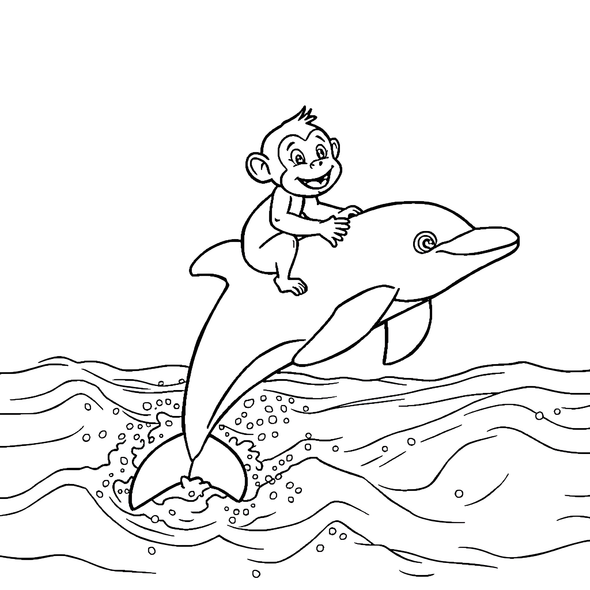 Monkey riding playfully on a dolphin Coloring Page (free black-and-white line drawing printable PDF for all, from beginners to advanced learners, including children, teens, adults, and seniors)