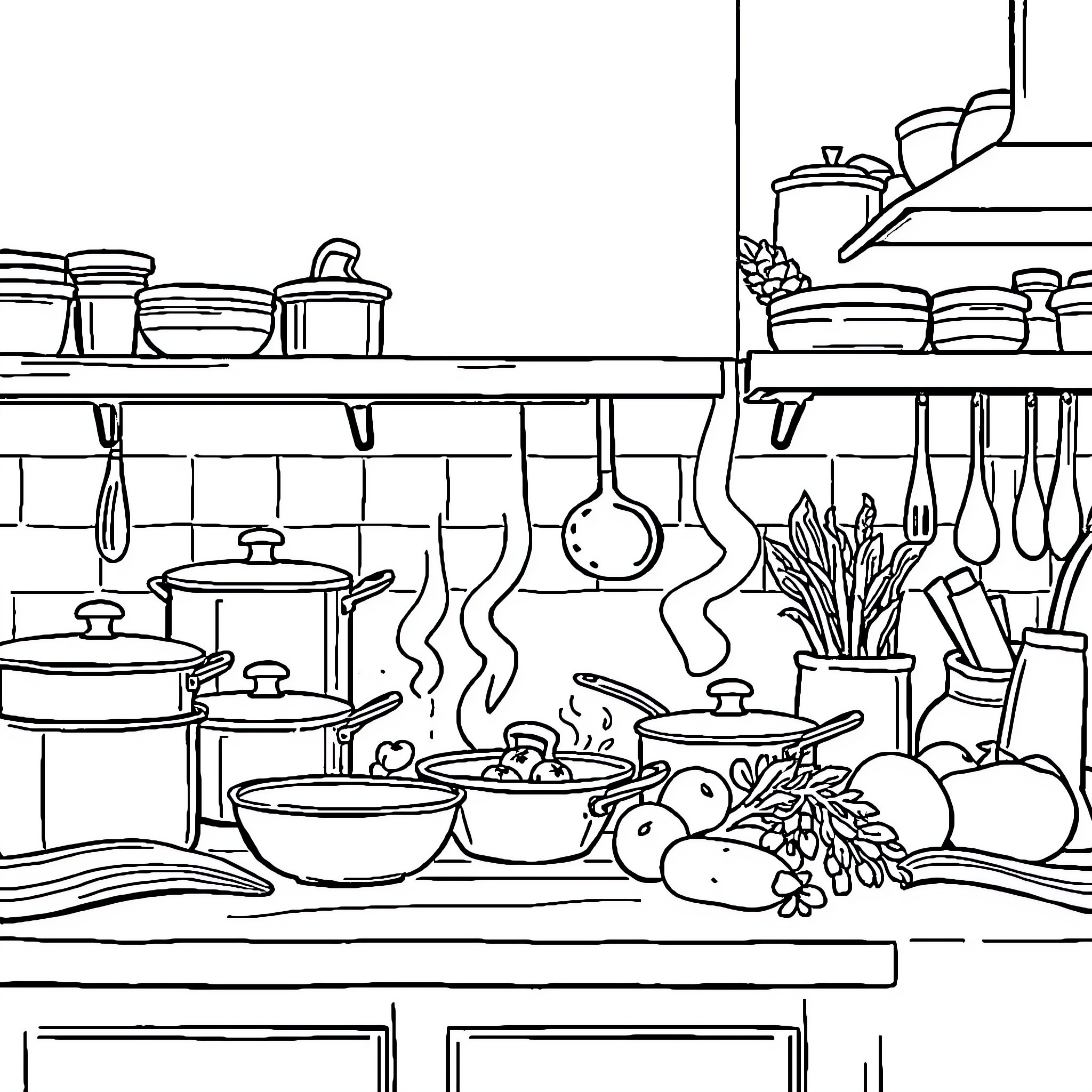 Kitchen with Cooking Utensils and Fresh Ingredients Coloring Page (free black-and-white line drawing printable PDF for all, from beginners to advanced learners, including children, teens, adults, and seniors)