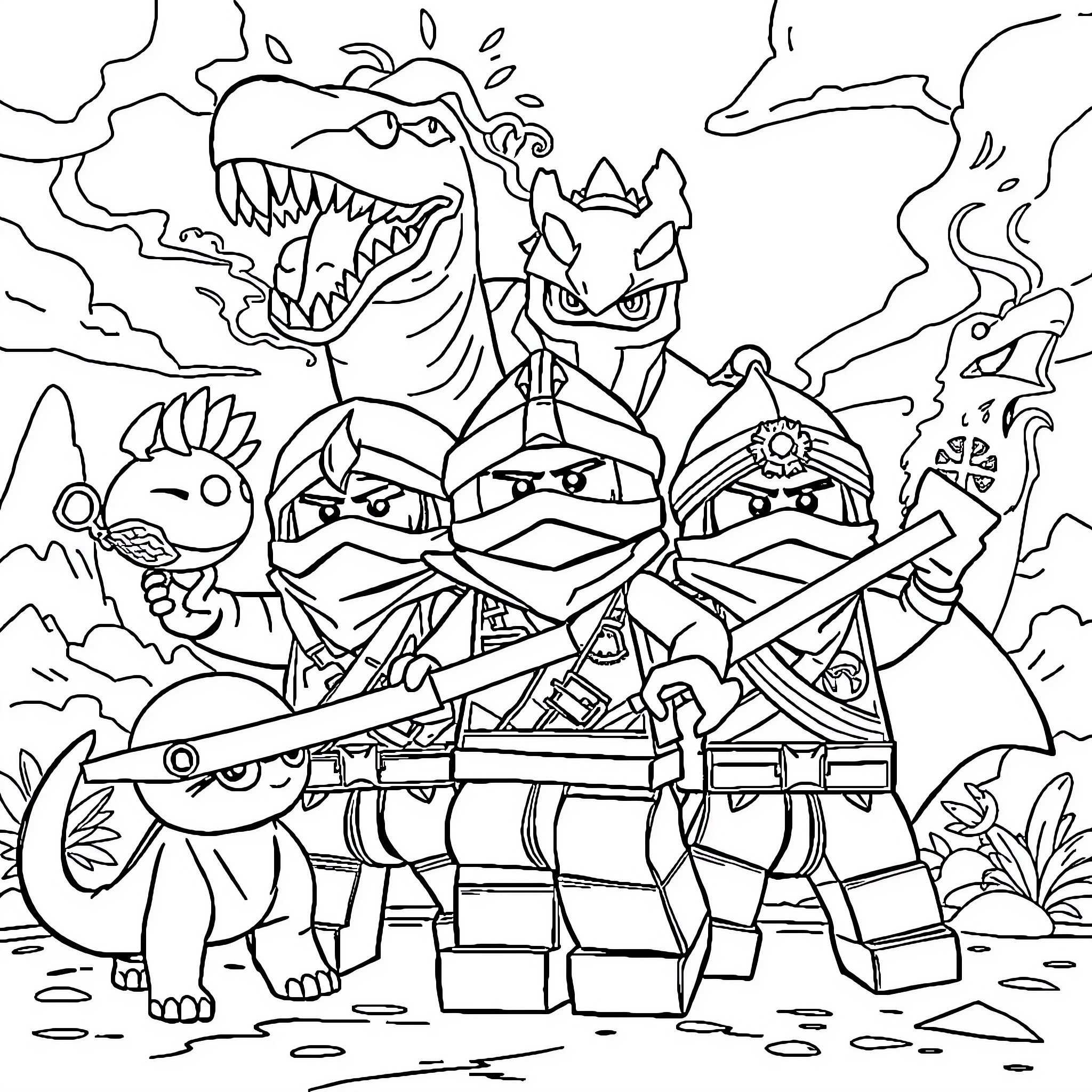 Ninjago Warriors in Fierce Battle with Monstrous Foes Coloring Page (free black-and-white line drawing printable PDF for all, from beginners to advanced learners, including children, teens, adults, and seniors)