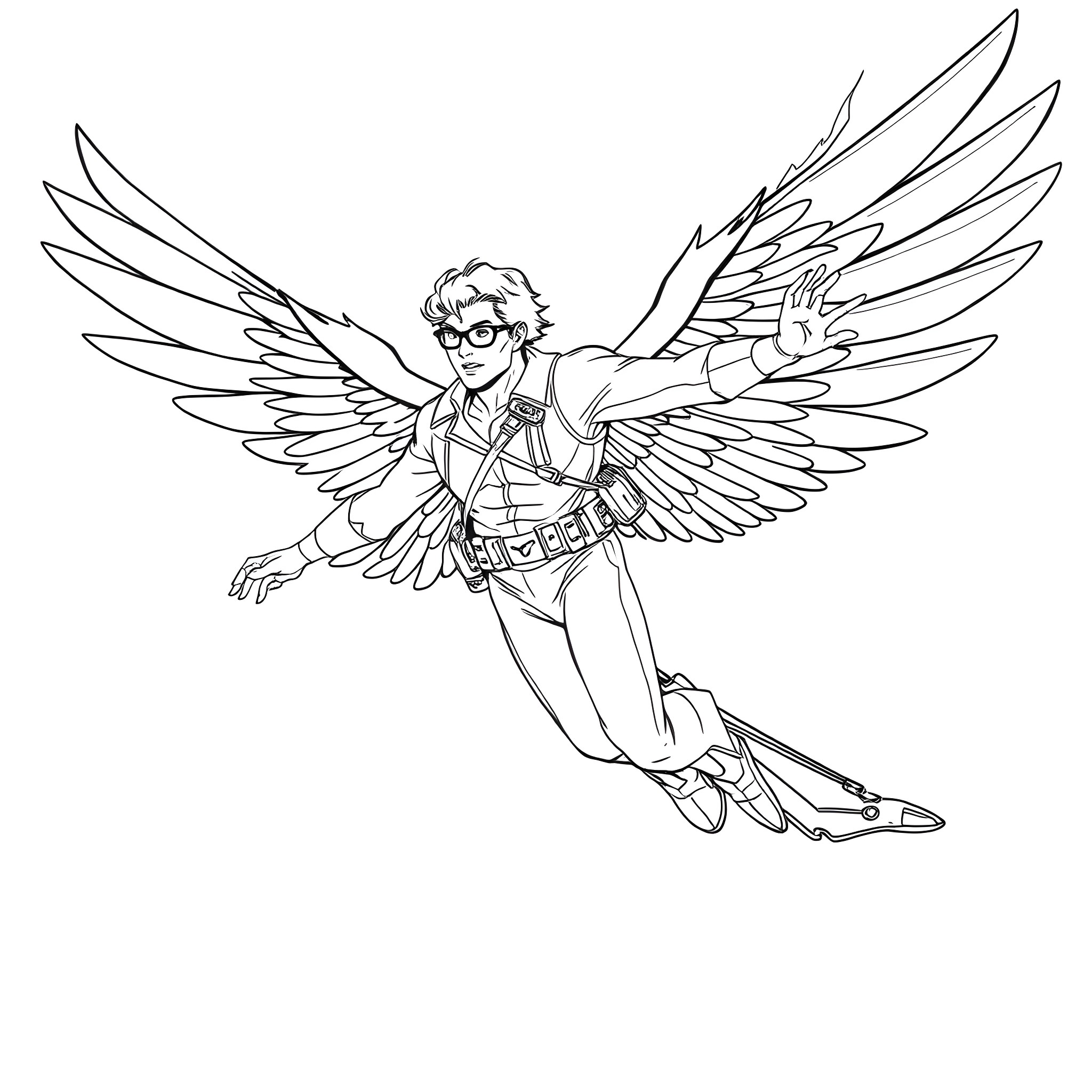 Redwing character in heroic flight Coloring Page (free black-and-white line drawing printable PDF for all, from beginners to advanced learners, including children, teens, adults, and seniors)