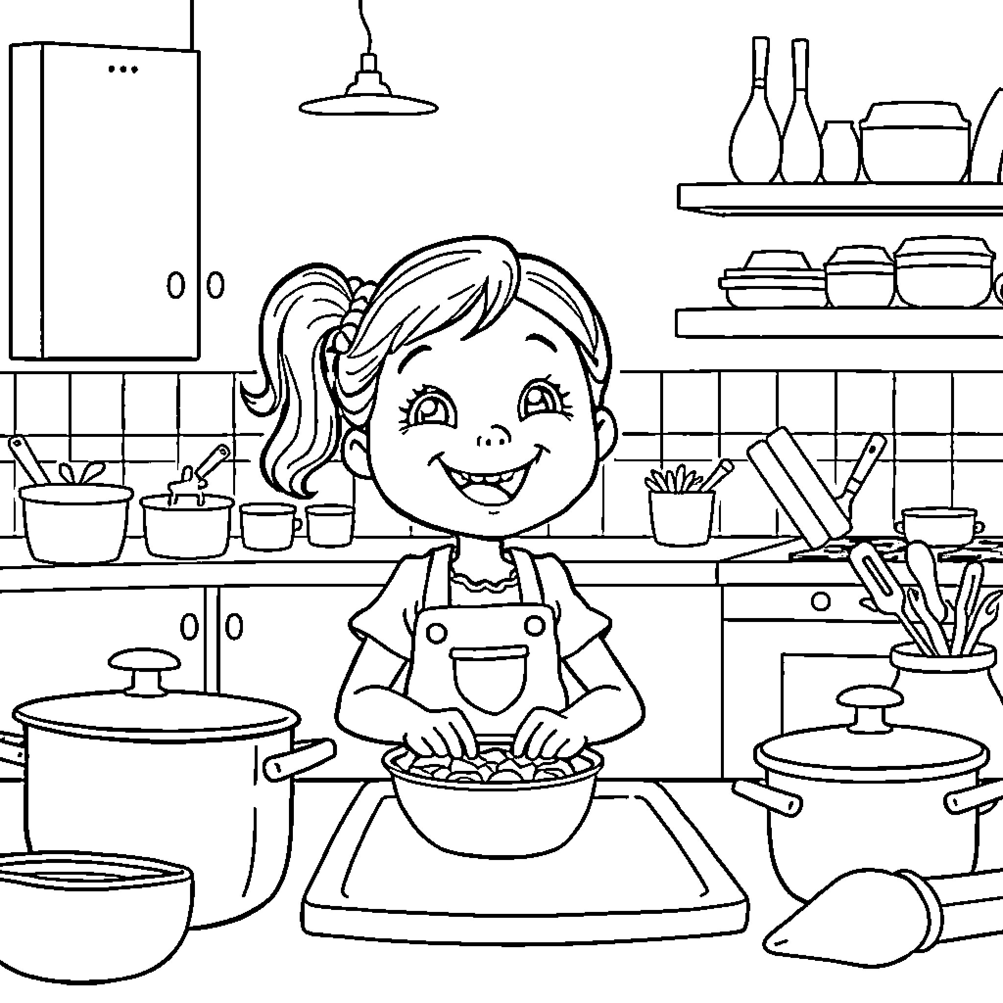 Child happily cooking in the kitchen Coloring Page (free black-and-white line drawing printable PDF for all, from beginners to advanced learners, including children, teens, adults, and seniors)