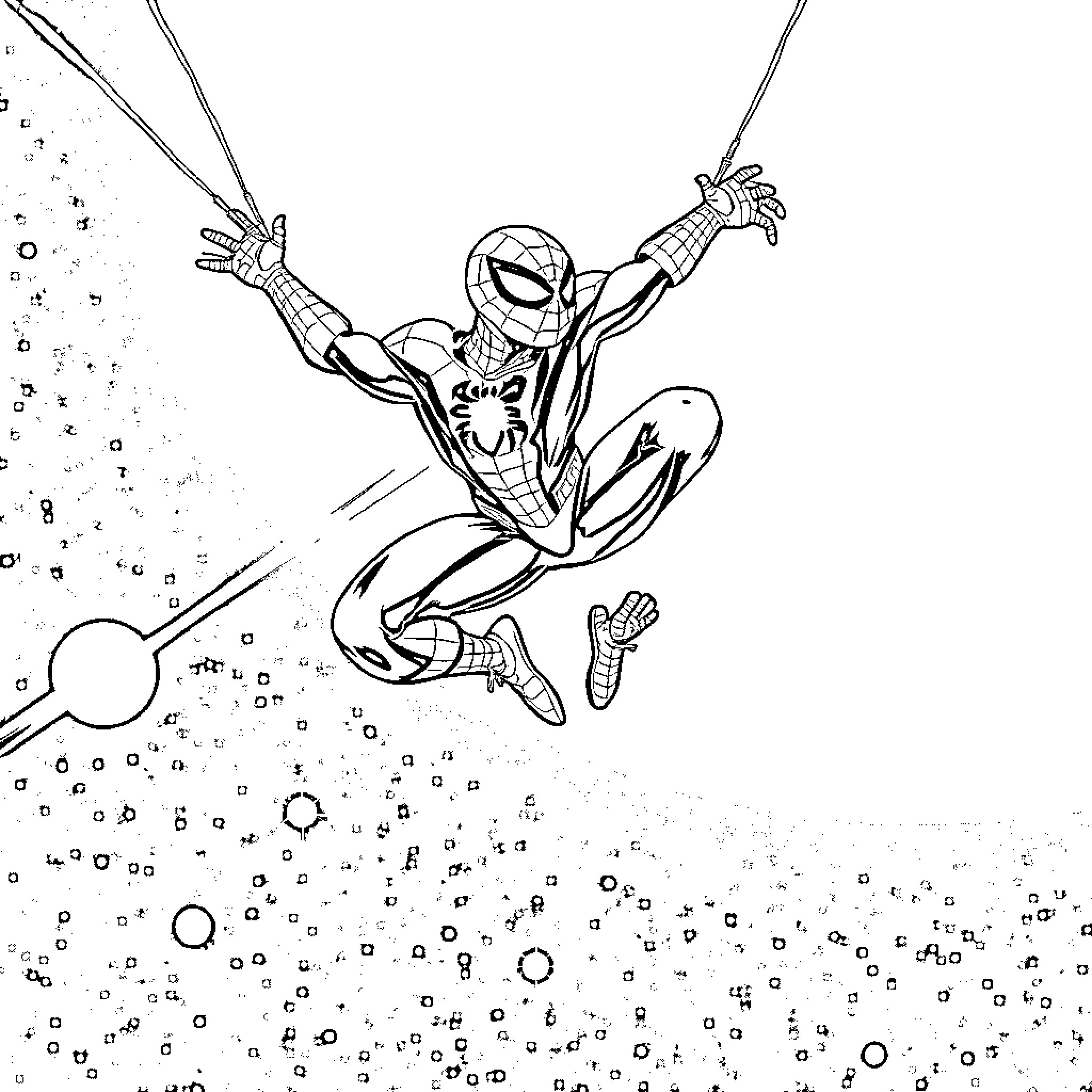 Spiderman swinging through the city with agility Coloring Page (free black-and-white line drawing printable PDF for all, from beginners to advanced learners, including children, teens, adults, and seniors)