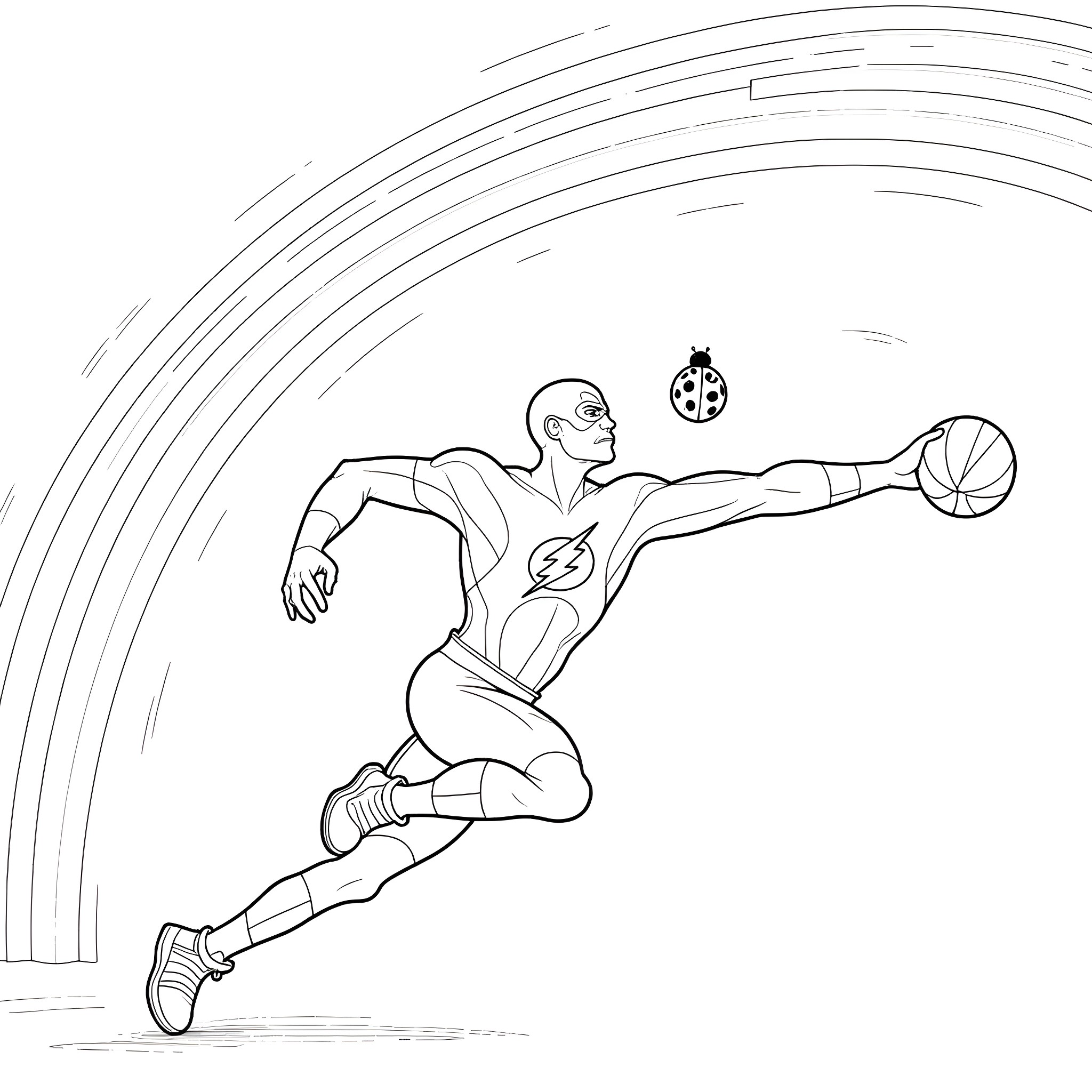 Flash jumping and throwing basketball in action Coloring Page (free black-and-white line drawing printable PDF for all, from beginners to advanced learners, including children, teens, adults, and seniors)