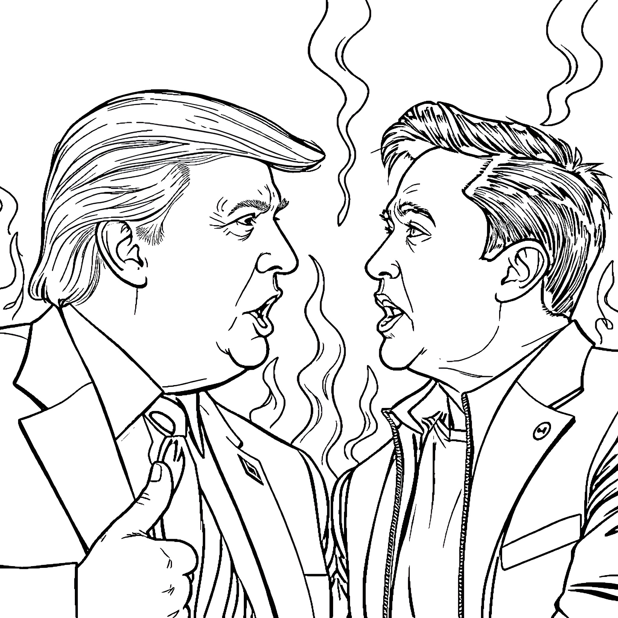 Trump's Heated Confrontation with Political Rival Coloring Page (free black-and-white line drawing printable PDF for all, from beginners to advanced learners, including children, teens, adults, and seniors)